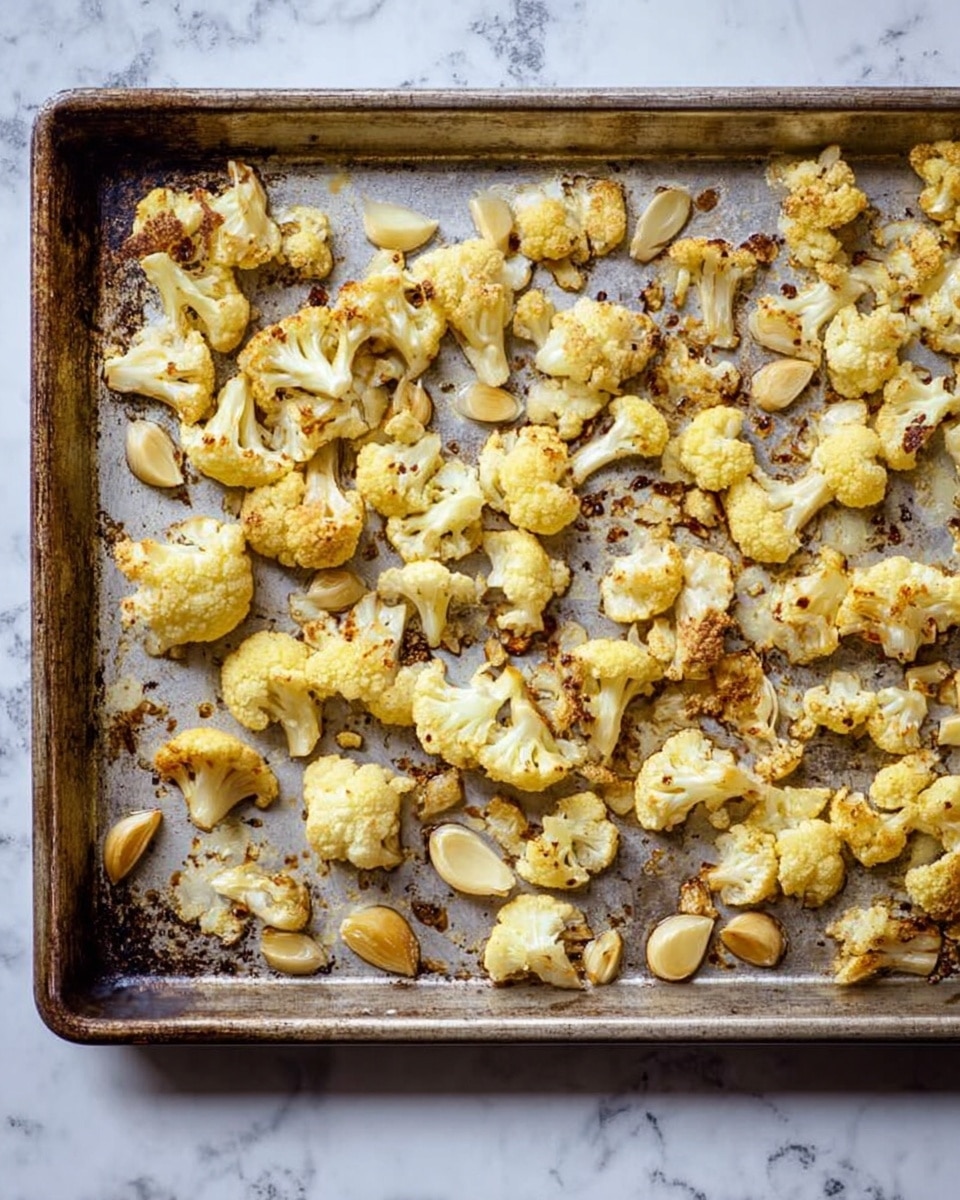 A large metal baking tray filled with many small pieces of roasted cauliflower spread evenly across the surface, with several whole garlic cloves scattered among them. The cauliflower pieces are light yellow with golden brown roasted spots, showing a slightly crispy texture. The tray itself has worn edges and some baking marks. The background surface beneath the tray is a white marbled texture. photo taken with an iphone --ar 4:5 --v 7