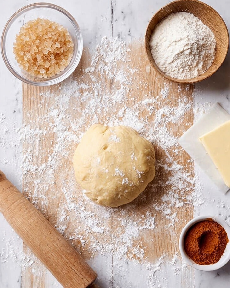 A ball of pale yellow dough sits in the middle, on a light wooden surface dusted with white flour scattered around it. To the top left, there is a small glass bowl filled with light brown sugar crystals. Near the top right, a small wooden bowl contains white flour. On the bottom right, there is a small white bowl with reddish-brown cinnamon powder, and next to it, a white rectangular dish holds a block of pale yellow butter. The whole scene rests on a white marbled surface. Photo taken with an iphone --ar 4:5 --v 7