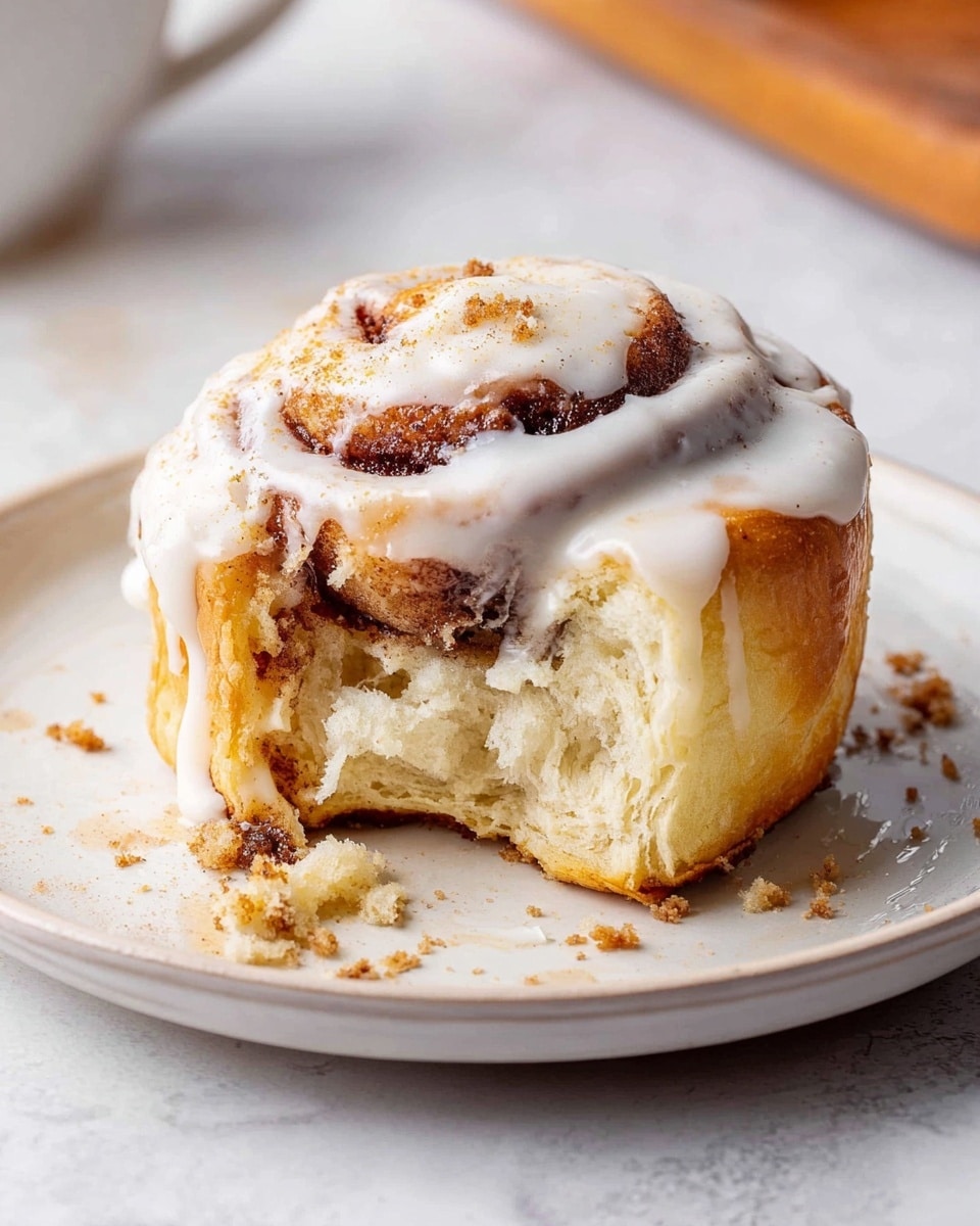 A soft, fluffy cinnamon roll with two visible layers sits on a round white plate on a white marbled surface; the bottom layer is golden-brown dough, and the inside swirl is filled with a dark cinnamon mixture with a slightly crisp texture; the top is covered with thick white icing that drips down the sides, with a few light brown crumbs sprinkled on top and around the plate; the cinnamon roll is partially broken open showing the soft inside and crumbly texture photo taken with an iphone --ar 4:5 --v 7