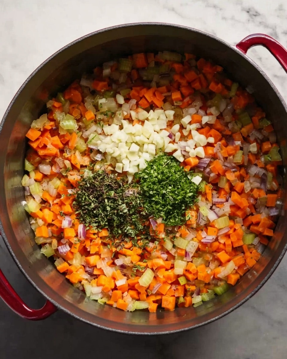 A top-down view of a large pot filled with finely chopped vegetables in layers: the bottom layer has a mix of small, orange carrot pieces and light green celery bits with a soft texture, mixed with translucent red onion pieces; on top of this, there are small white garlic pieces scattered around, and two small piles of fresh green herbs placed near the center, one darker green and the other lighter. The pot is dark gray with red handles, sitting on a white marbled surface. Photo taken with an iphone --ar 4:5 --v 7