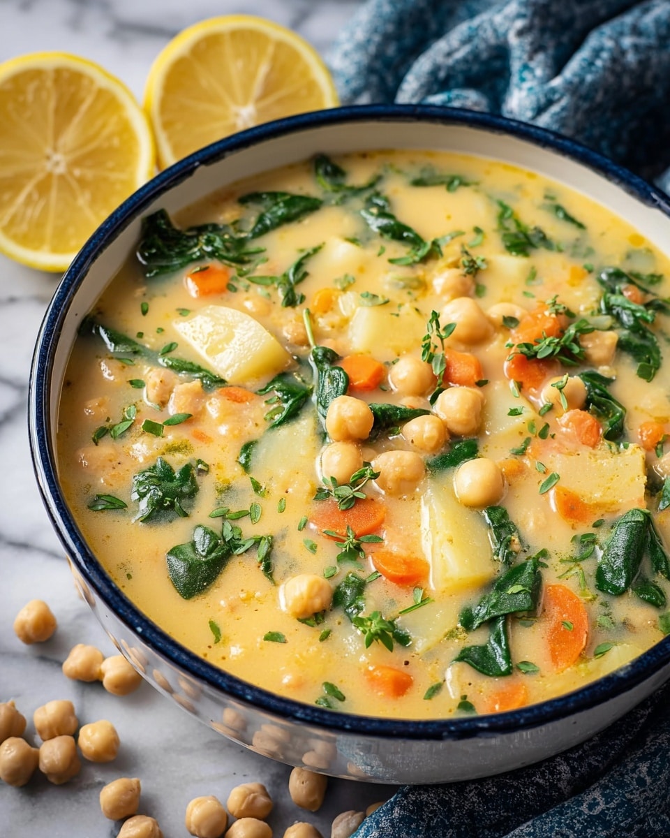 A close-up of a bowl of creamy chickpea soup with visible soft yellow chickpeas, green spinach leaves, small orange carrot pieces, and chunks of white potato, all mixed in a light yellow, thick broth. The soup is garnished with small sprigs of fresh green herbs scattered on top. The bowl is white with a dark blue rim, placed on a white marbled surface with a folded blue and white cloth next to it. Two halves of bright yellow lemons are behind the bowl, adding a fresh touch. Loose chickpeas are scattered at the base of the bowl. photo taken with an iphone --ar 4:5 --v 7