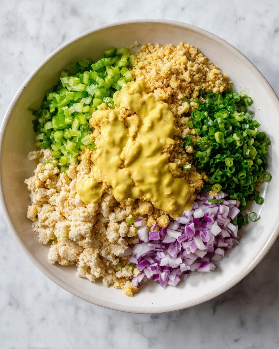 A white bowl on a white marbled surface holds five distinct layers arranged side by side. Starting from the top left, there is finely chopped celery in a fresh green color. Next to it, a creamy bright yellow sauce with a smooth texture covers part of a light beige crumbled ingredient beneath it, likely chickpeas. To the right of the sauce, there are chopped green onions with a vibrant green color, followed by diced red onions with a mix of purple and white colors. Finally, the bottom left section is filled with a light beige chunky mixture, possibly mashed chickpeas, spread out unevenly. The ingredients create a colorful and textured display. Photo taken with an iphone --ar 4:5 --v 7
