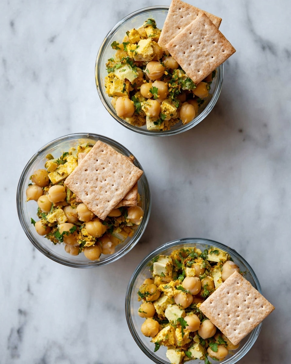 Three clear glass bowls sit on a white marbled surface, each filled with a chickpea salad mixed with green herbs and spices, giving a light yellow and green color mix. On top of the salad in each bowl, there are several square light brown crackers neatly placed in a slight overlapping pattern. The bowls are arranged in a triangular layout, with one bowl at the top right and two bowls placed below it diagonally. The texture of the chickpeas looks soft but whole, while the crackers have a dry, crisp appearance. photo taken with an iphone --ar 4:5 --v 7