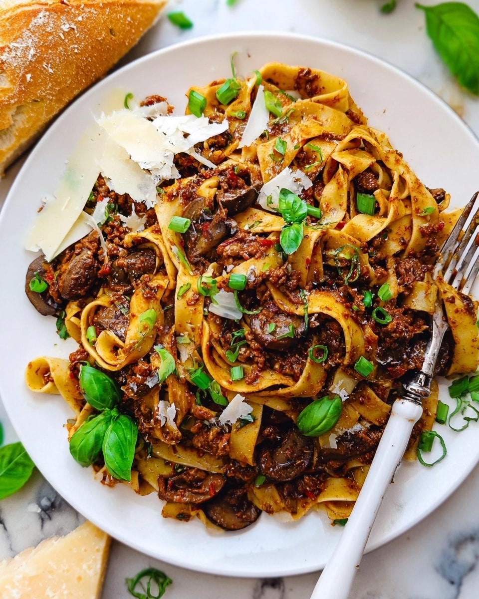 A white plate filled with several layers of wide, flat pasta noodles mixed with dark brown meat sauce chunks and whole brown mushrooms scattered throughout. Bright green fresh basil leaves are placed on top and around the pasta, along with small pieces of chopped green onions. There are also white shavings of cheese spread over part of the pasta on the left side. A silver fork with a white handle is resting on the right side of the plate, partially under the noodles. The plate is set on a white marbled surface with a piece of crusty bread partially visible at the top edge. Photo taken with an iphone --ar 4:5 --v 7