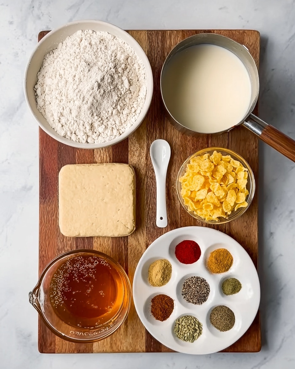 The image shows a wooden board on a white marbled surface holding various cooking ingredients arranged neatly. At the top left is a white bowl filled with white flour that looks soft and powdery. Next to it, slightly to the right, is a metal pot filled with light cream-colored milk. Beside the pot, to the far right, there is a small white bowl filled with yellow cornflakes. Below the flour bowl, near the center left, lies a square piece of light beige dough. Below the dough in the bottom left corner is a glass measuring cup containing amber-colored broth with little bubbles. Near the bottom right corner, there is a round white plate holding eight different dry spices, including green, red, yellow, brown, and beige powders, arranged neatly in small piles side by side. Next to that plate, on the right, is a small white spoon filled with ground black pepper. At the center of the board, just above the dough, is a small white bowl filled with clear honey or syrup. photo taken with an iphone --ar 4:5 --v 7