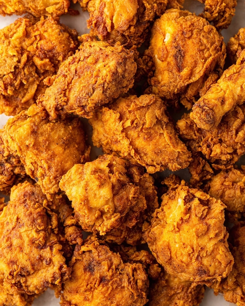 A close-up view of many pieces of crispy fried chicken, each piece showing a rough, craggy, and golden-brown crust with a crunchy texture. The fried chicken pieces are piled closely together on a white marbled surface, with different shapes and sizes making the scene look full and rich. The crust has a mix of light and darker golden colors, showing the crispiness and cooked edges. photo taken with an iphone --ar 4:5 --v 7