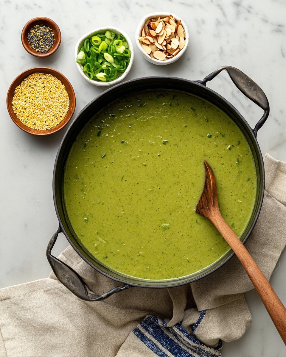 A thick green soup fills a large black pot with two handles, the texture smooth with small bits visible, and a long wooden spoon resting inside the pot near the bottom right. Above the pot are three small bowls arranged in a semi-circle: a white bowl with yellow and black crushed seasoning, a brown bowl with sliced green onions, and another brown bowl with sliced almonds. The scene rests on a white marbled surface with a beige cloth with blue stripes placed near the bottom right corner. Photo taken with an iphone --ar 4:5 --v 7
