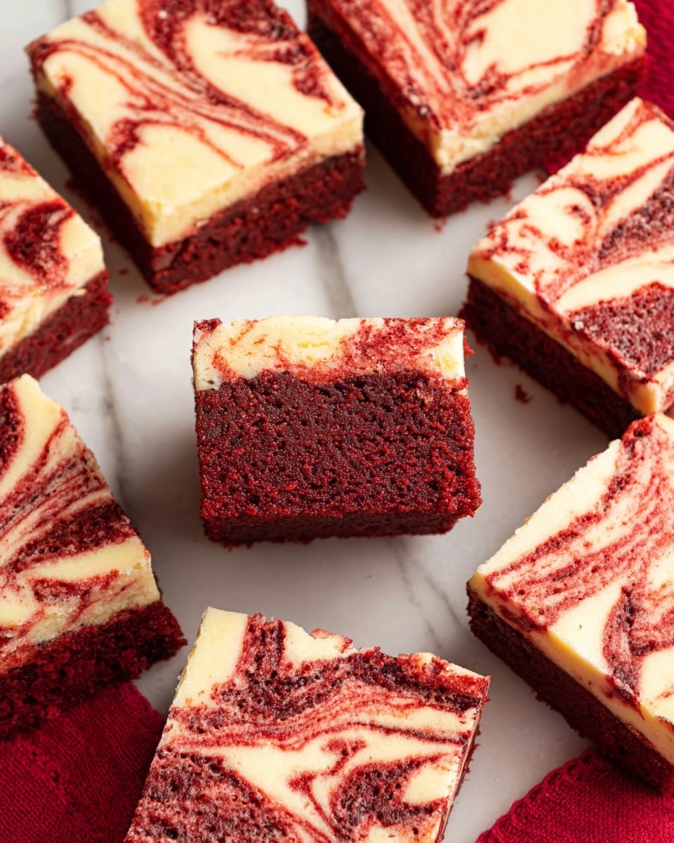 This image shows a group of square red velvet cheesecake brownies arranged close together on a white marbled surface. The brownies have two visible layers: a thick bottom layer of deep red velvet with a soft, crumbly texture, and a top layer of creamy white cheesecake mixed with red velvet swirls creating a marbled pattern. One brownie is slightly lifted, showing the distinct thick red velvet base beneath the swirled cheesecake top, highlighting the two-layer structure and the smooth texture of the cheesecake. A red cloth is partially visible in the corners. Photo taken with an iphone --ar 4:5 --v 7