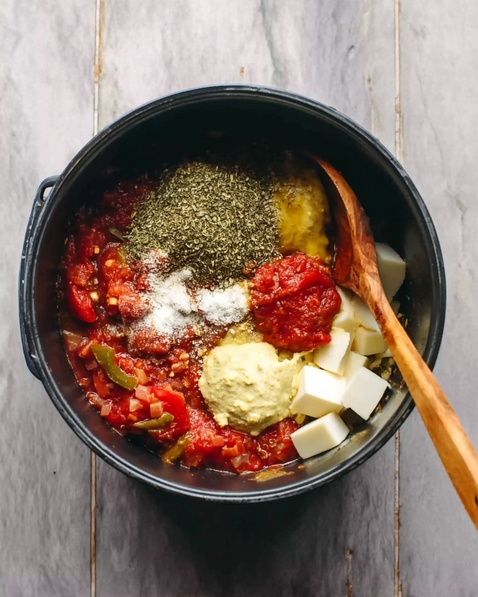 A black pot filled with multiple colorful layers of ingredients sits on a white marbled surface. At the bottom, there is a chunky red tomato mixture with bits of green peppers. On one side of the pot, there is a small pile of many green dried herbs. Next to the herbs, there is a spoon holding a red sauce with some white powder on top of it. Below the spoon, a light yellow creamy layer is spread out, and close to it there are some small white cheese cubes. A wooden spoon leans inside the pot, touching the ingredients. photo taken with an iphone --ar 4:5 --v 7