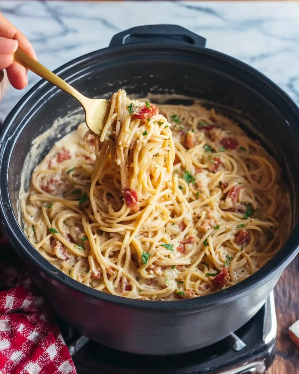 A round black pot filled with creamy spaghetti noodles mixed with small pieces of pink bacon and herbs. The noodles have a light brown sauce that looks smooth and rich. A gold fork is lifting some spaghetti from the pot, showing the noodles tangled together with bits of bacon. The pot sits on a stove top with a white marbled surface under it. In the corner, a woman's hand holds the fork gently. A red and white checkered cloth is placed nearby. Photo taken with an iphone --ar 4:5 --v 7