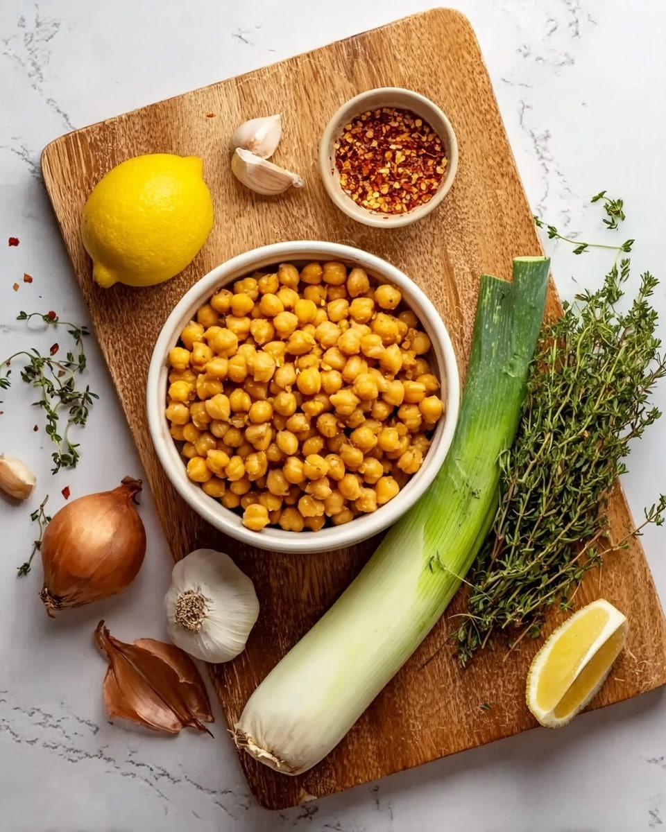 The image shows a white bowl full of yellow chickpeas placed on a wooden cutting board. Around the bowl, there is a whole leek on the right, fresh sprigs of green thyme above the leek, a whole shallot below the bowl, a half lemon cut side up on the top left, a whole garlic bulb next to the lemon, and a small bowl with red chili flakes near the top center of the board. The cutting board sits on a white marbled surface with a clean and bright setting. Photo taken with an iphone --ar 4:5 --v 7