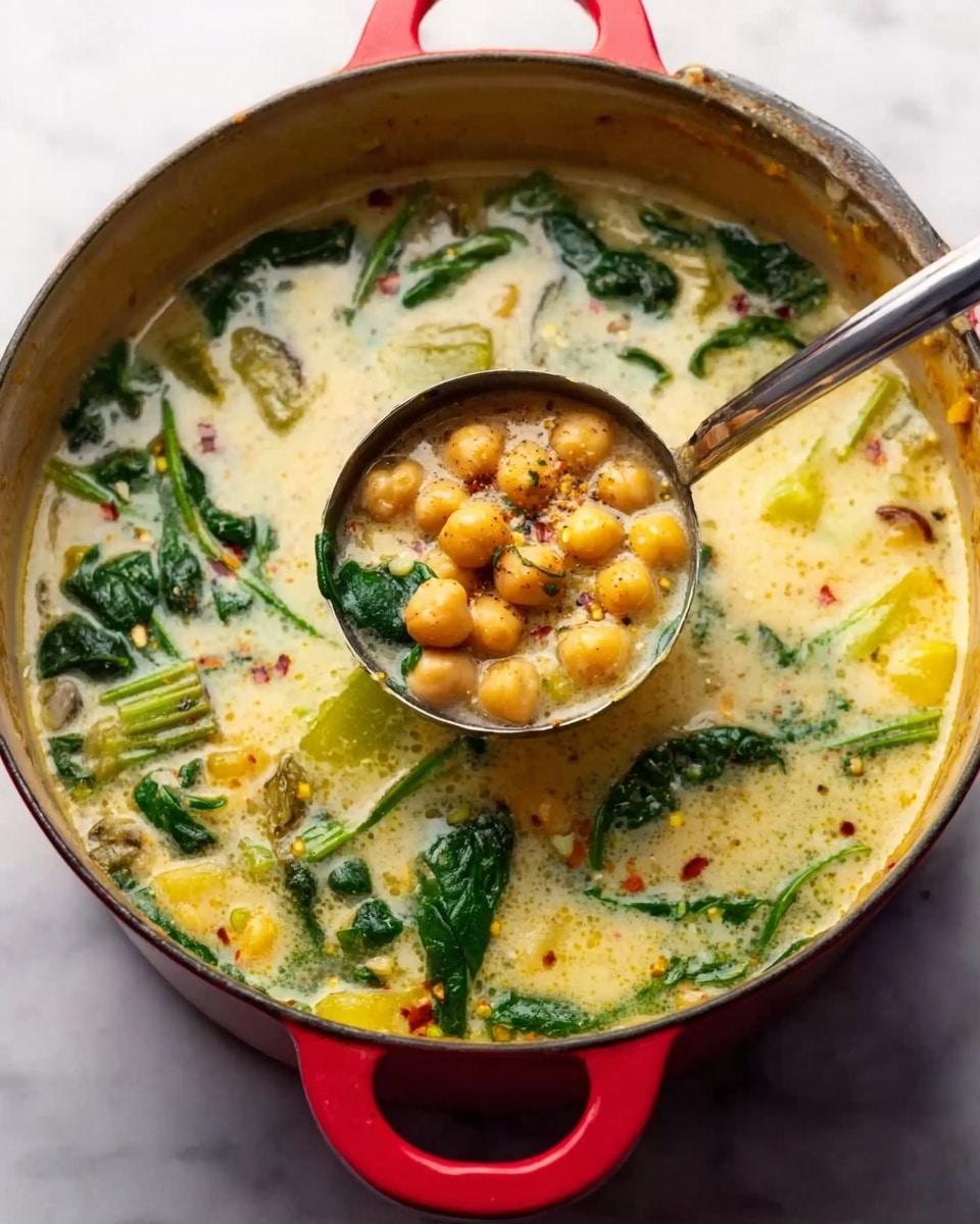 The image shows a red pot filled with a creamy soup containing chickpeas, spinach leaves, and some chunks of yellow and green vegetables, with bits of herbs and spices floating on the surface. A silver ladle is scooping up a portion, showing the chickpeas and greens clearly, while the pot sits on a white marbled surface. The soup looks thick and hearty with a mix of light yellow and green colors inside the pot. Photo taken with an iphone --ar 4:5 --v 7