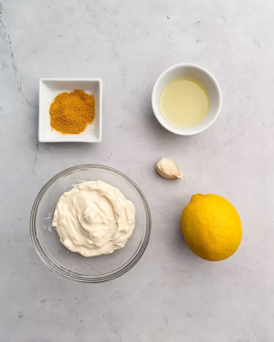 The image shows five ingredients arranged on a white marbled surface. At the bottom center, there is a clear glass bowl with a creamy, white thick mixture inside, possibly mayonnaise or yogurt. To the right of the bowl, there is a whole yellow lemon with a smooth texture. Above the lemon, a small white bowl contains a light yellow liquid, maybe oil or lemon juice. To the left of this bowl, a small white square dish holds a bright yellow powder, likely turmeric. In the middle, between the powder and the lemon, there is a single peeled clove of garlic resting directly on the white marbled surface. photo taken with an iphone --ar 4:5 --v 7