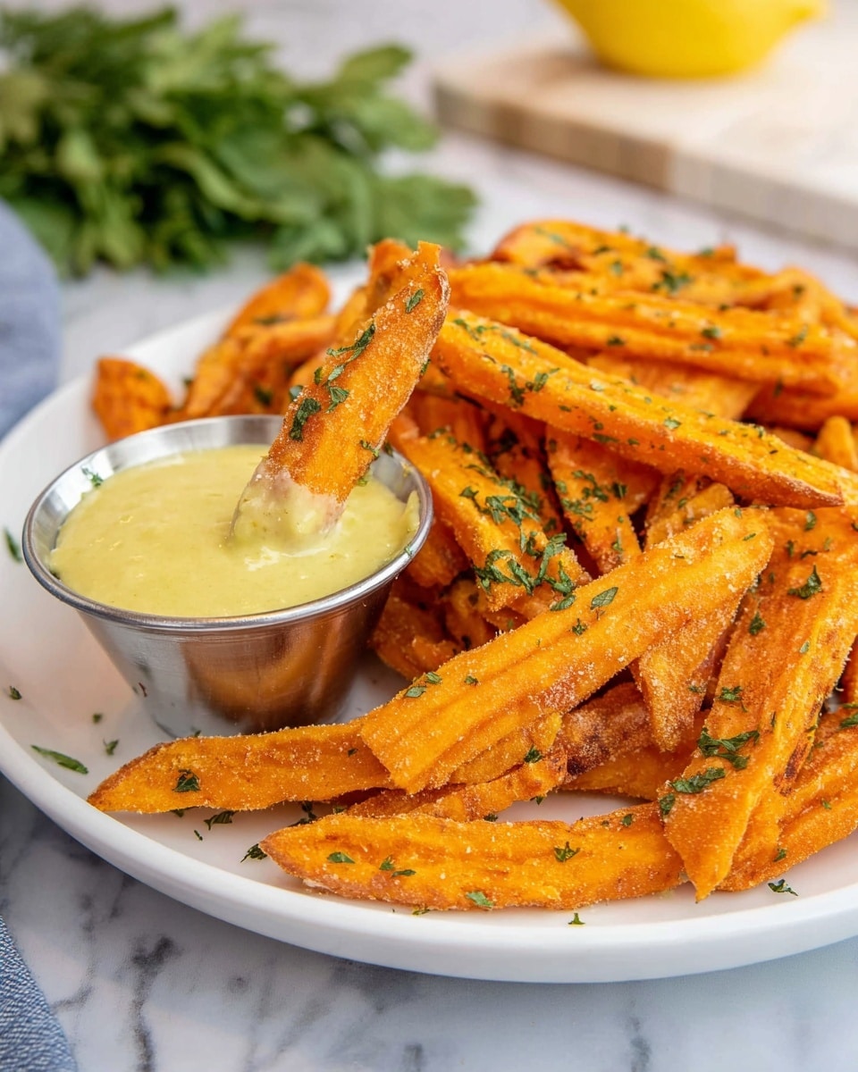 A white plate filled with bright orange, crispy sweet potato fries sprinkled lightly with green herbs. In the front center, there is a small silver cup with creamy yellow dipping sauce, with two fries dipped inside. The fries have a textured, slightly ridged surface and look crunchy. The background shows some green fresh herbs and a blurred yellow object on a white marbled surface. photo taken with an iphone --ar 4:5 --v 7