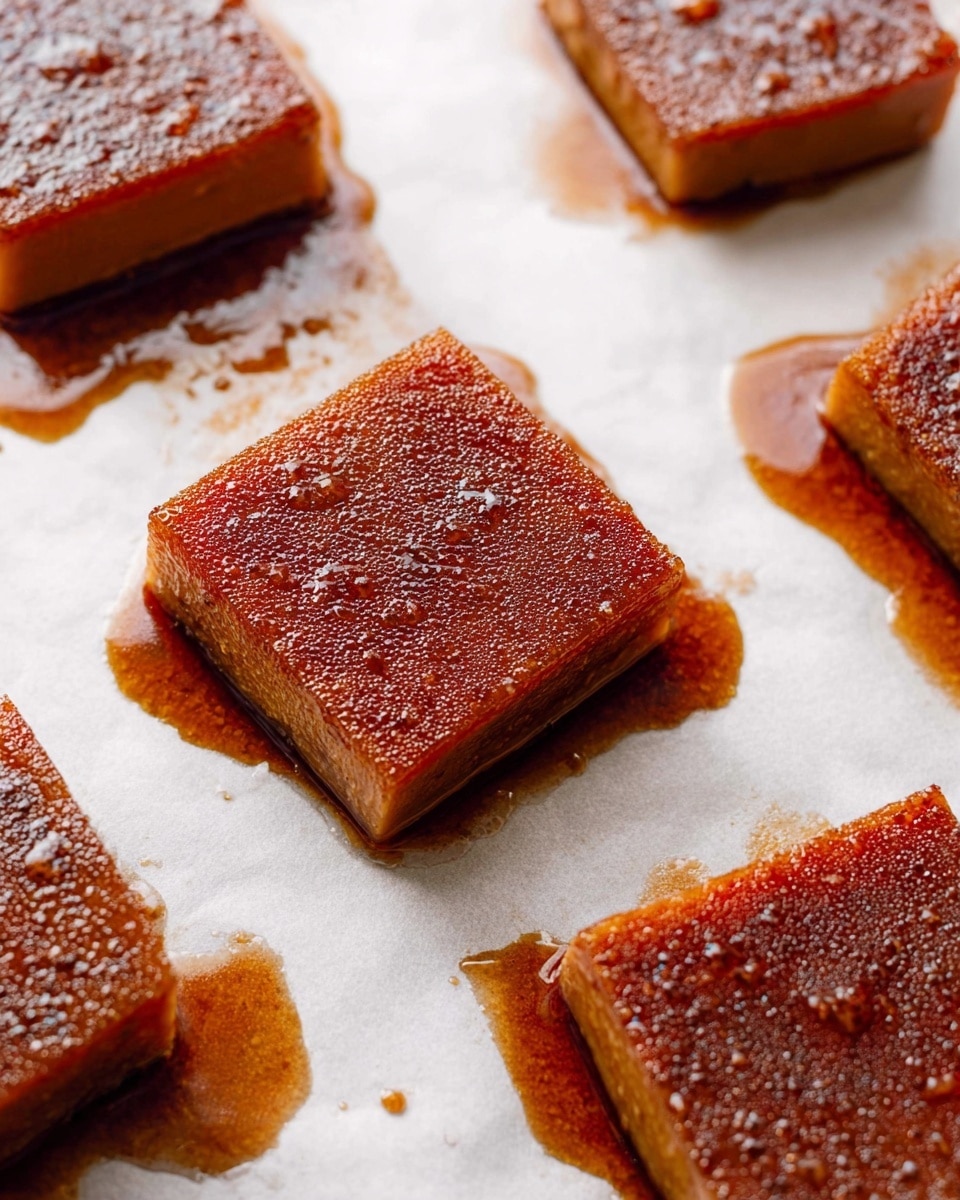 The image shows five thick, square pieces of caramelized food resting on white parchment paper with a white marbled background underneath. Each piece has a rich amber-brown color with a shiny, slightly bubbly texture on top. A dark brown sauce or syrup pools around the base of each square, seeping slightly into the parchment paper and creating a contrast with the lighter surface. The squares are evenly spaced on the sheet, and the close-up view highlights the glossy caramel coating and smooth, firm texture of each piece. Photo taken with an iphone --ar 4:5 --v 7