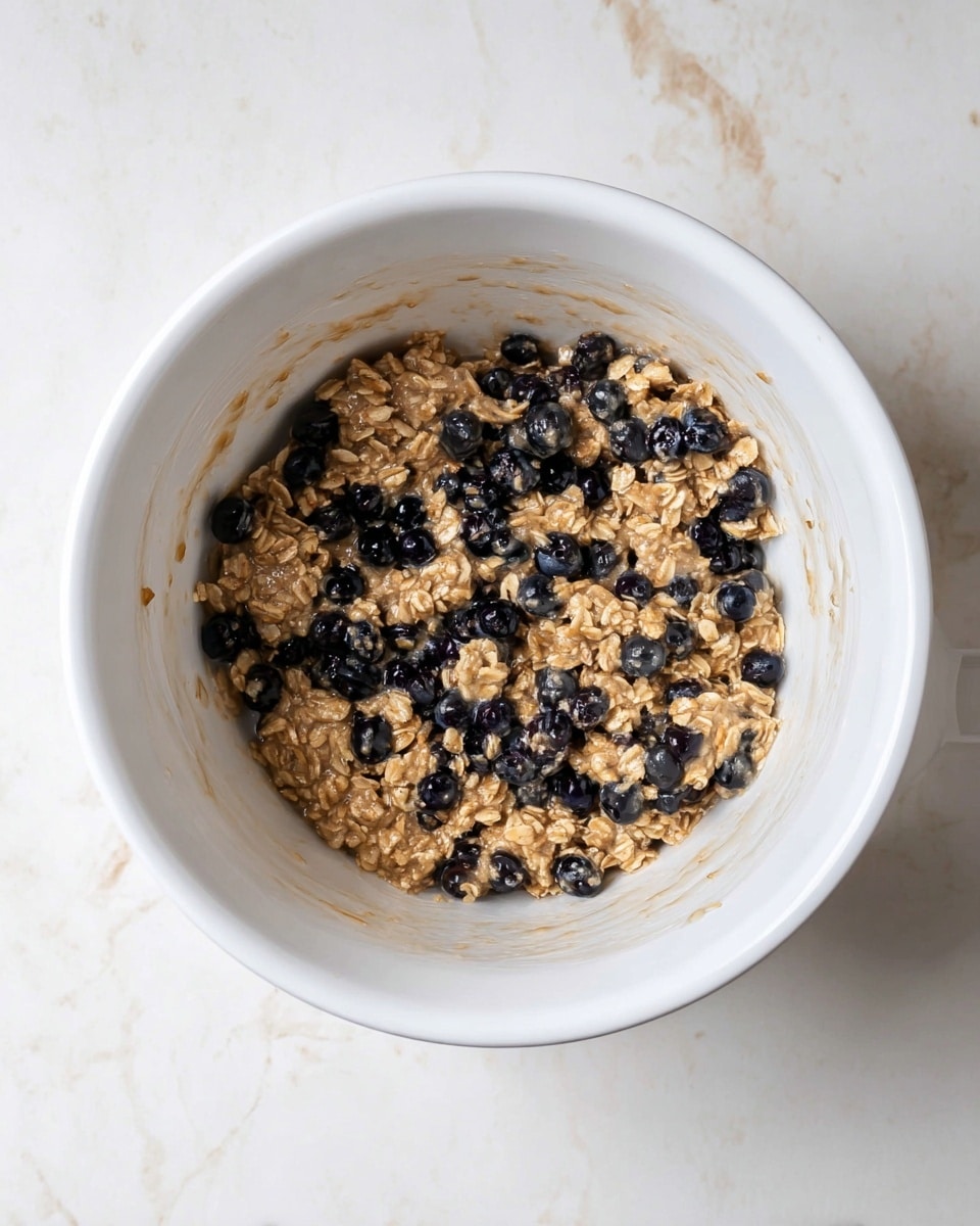 A white mixing bowl contains a thick mixture of light brown oats coated in a sticky substance, mixed evenly with dark blue blueberries scattered throughout. The oats have a rough texture, while the blueberries add a smooth, round detail. The bowl sits on a white marbled surface, and some of the sticky mixture clings lightly to the sides of the bowl. photo taken with an iphone --ar 4:5 --v 7