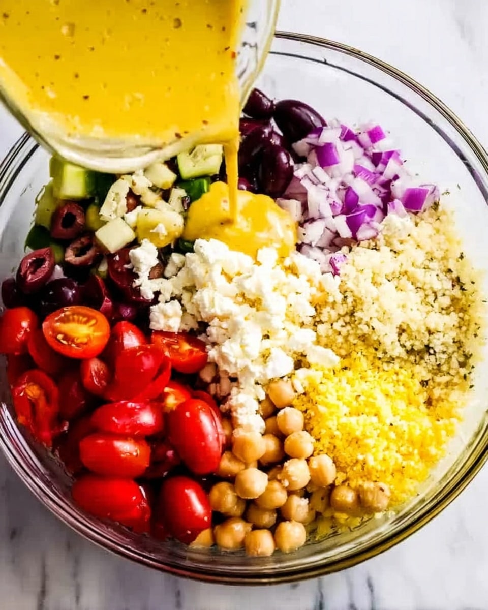 A clear glass bowl filled with colorful ingredients layered side by side: bright red cherry tomatoes at the front, white crumbled cheese next to them, diced purple onions, dark purple olives, yellow couscous, and small tan chickpeas. A woman's hand is pouring a yellow dressing over the top, the dressing looking smooth and slightly thick. The bowl sits on a white marbled surface, with all colors of the ingredients clearly visible and vibrant. The photo taken with an iphone --ar 4:5 --v 7