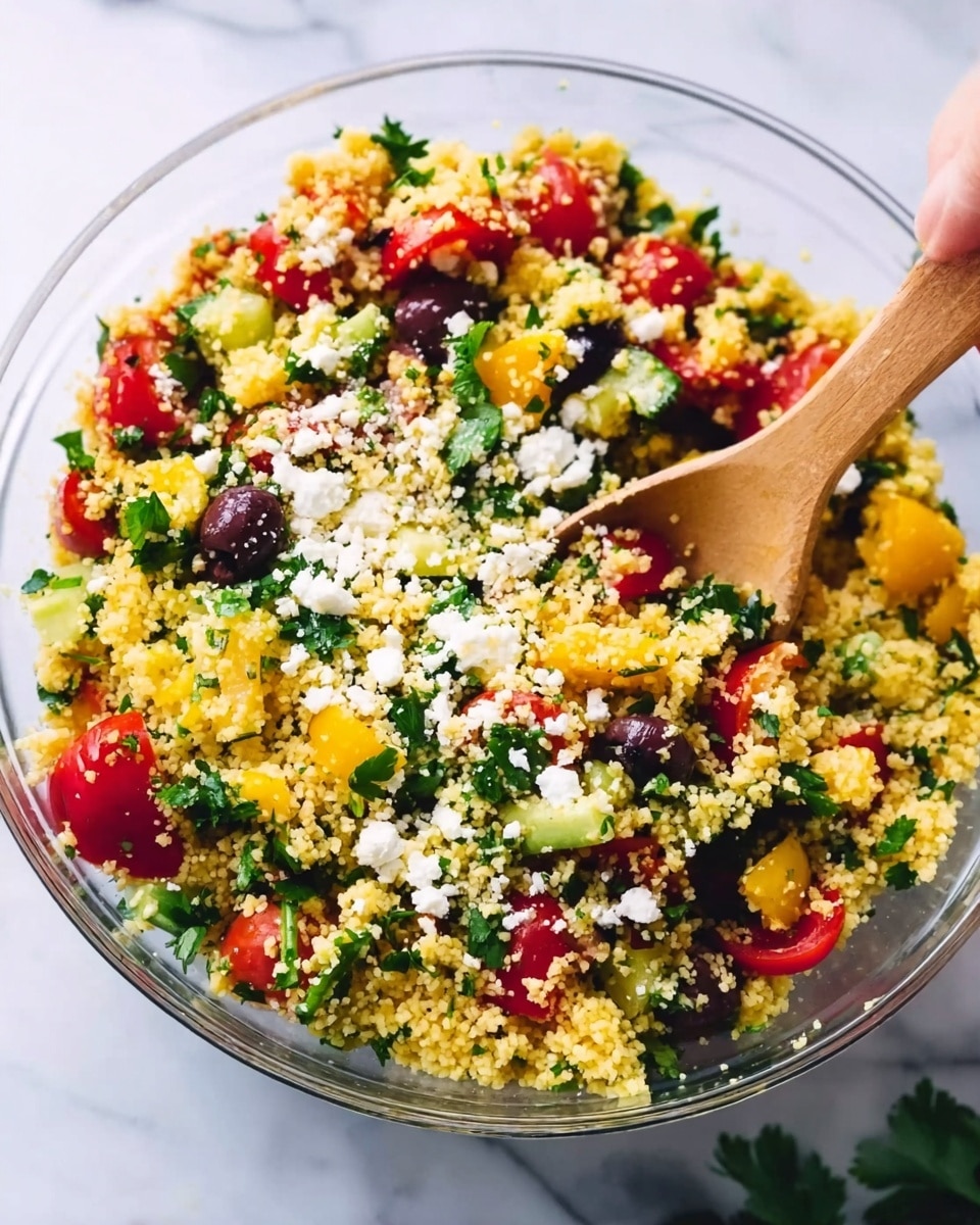 The image shows a clear bowl filled with a colorful couscous salad placed on a white marbled surface. The salad has three main visible layers: the base is made of small, yellow couscous grains, mixed evenly with chopped fresh green herbs. Scattered throughout the couscous are pieces of halved bright red cherry tomatoes, small black olives, and diced yellow bell peppers. There are also bits of crumbled white cheese spread over the top, adding a crumbly texture. A woman's hand is holding a light wooden spoon, slightly stirring the salad. Photo taken with an iphone --ar 4:5 --v 7
