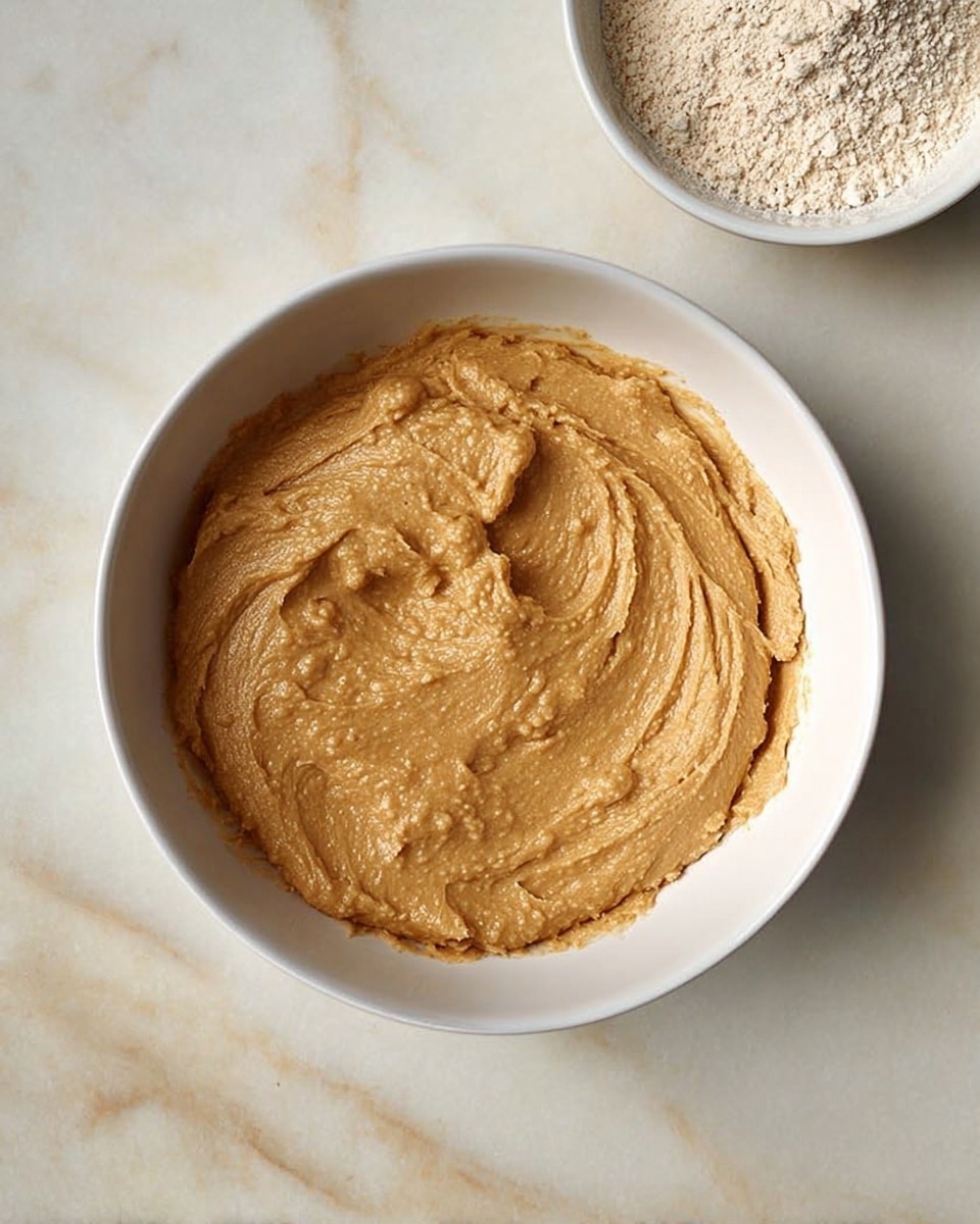 A white bowl filled with one thick layer of light brown batter that has a smooth, creamy texture with visible swirls and small bumps, placed on a white marbled surface with a small portion of a white bowl holding a powdery mixture visible in the top right corner, photo taken with an iphone --ar 4:5 --v 7