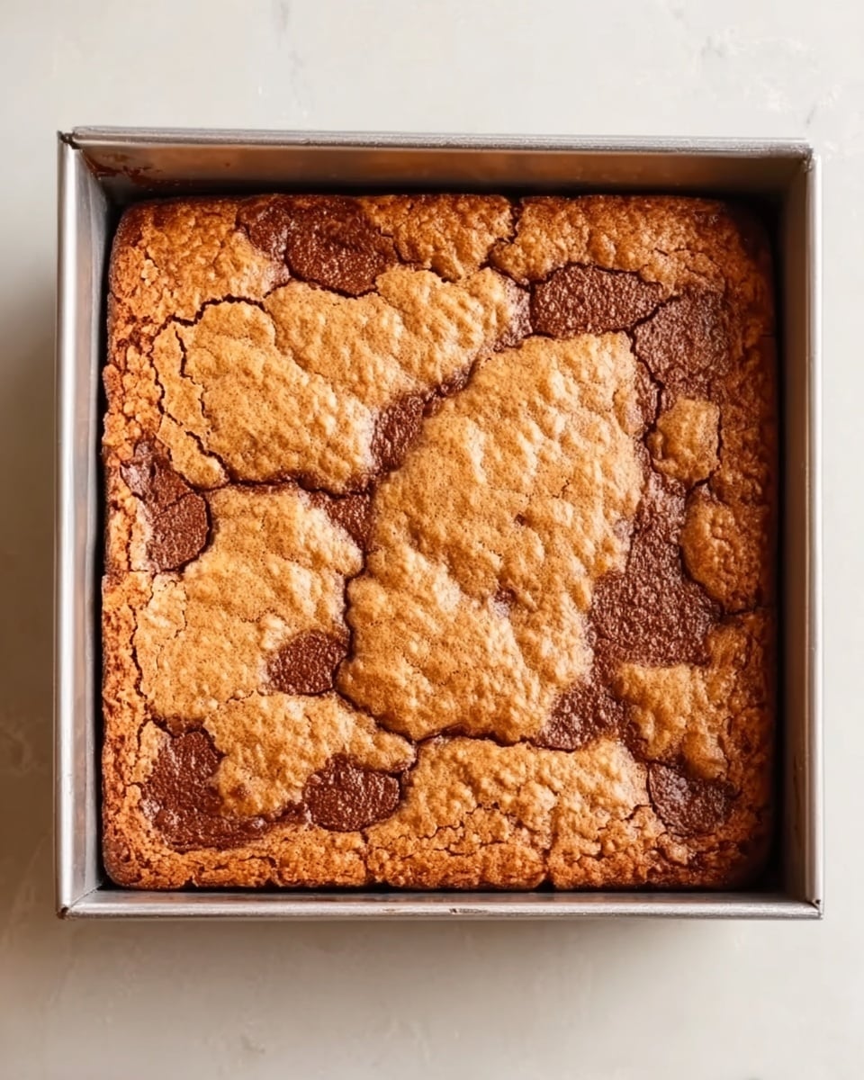 A square metal baking pan holds a single-layer blondie with a golden-brown cracked surface that shows darker spots of melted chocolate or fudge beneath. The blondie's texture looks chewy with a slightly crisp top, filling the pan evenly. The pan sits on a white marbled surface. Photo taken with an iphone --ar 4:5 --v 7