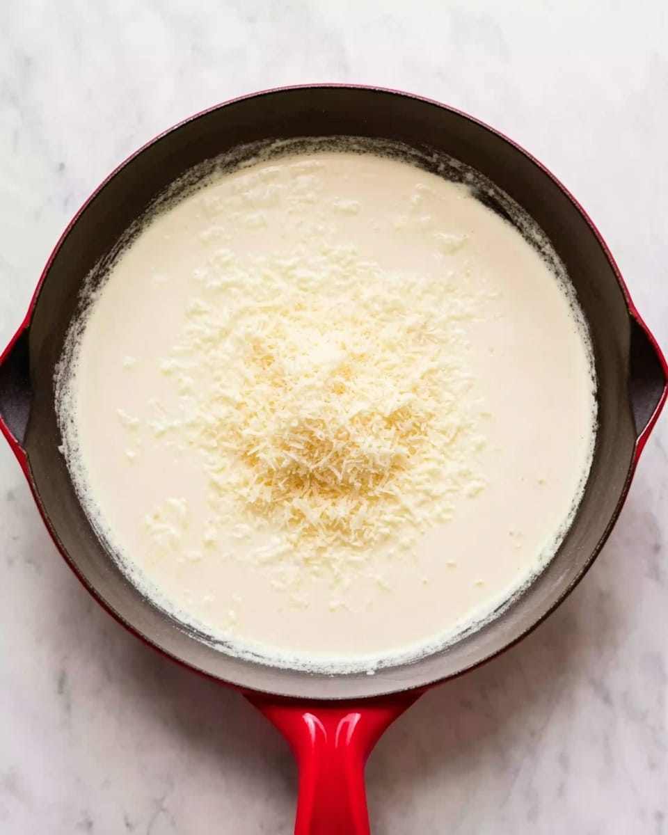 The image shows a top view of a red skillet filled with a smooth, creamy white sauce. In the center of the sauce, there is a small pile of finely grated white cheese. The skillet is placed on a white marbled surface, and the edges of the skillet are clean and bright red, contrasting with the white sauce inside. photo taken with an iphone --ar 4:5 --v 7