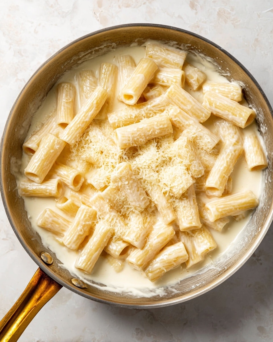 A close-up top view of a shiny metal pan filled with creamy white sauce at the base with short thick tubular pasta rigatoni coated and sitting on top, sprinkled lightly with fine grated pale yellow cheese. The sauce looks thick and smooth, slightly pooling around the pasta edges. The pan handle is a glowing gold color, resting on a white marbled surface. photo taken with an iphone --ar 4:5 --v 7