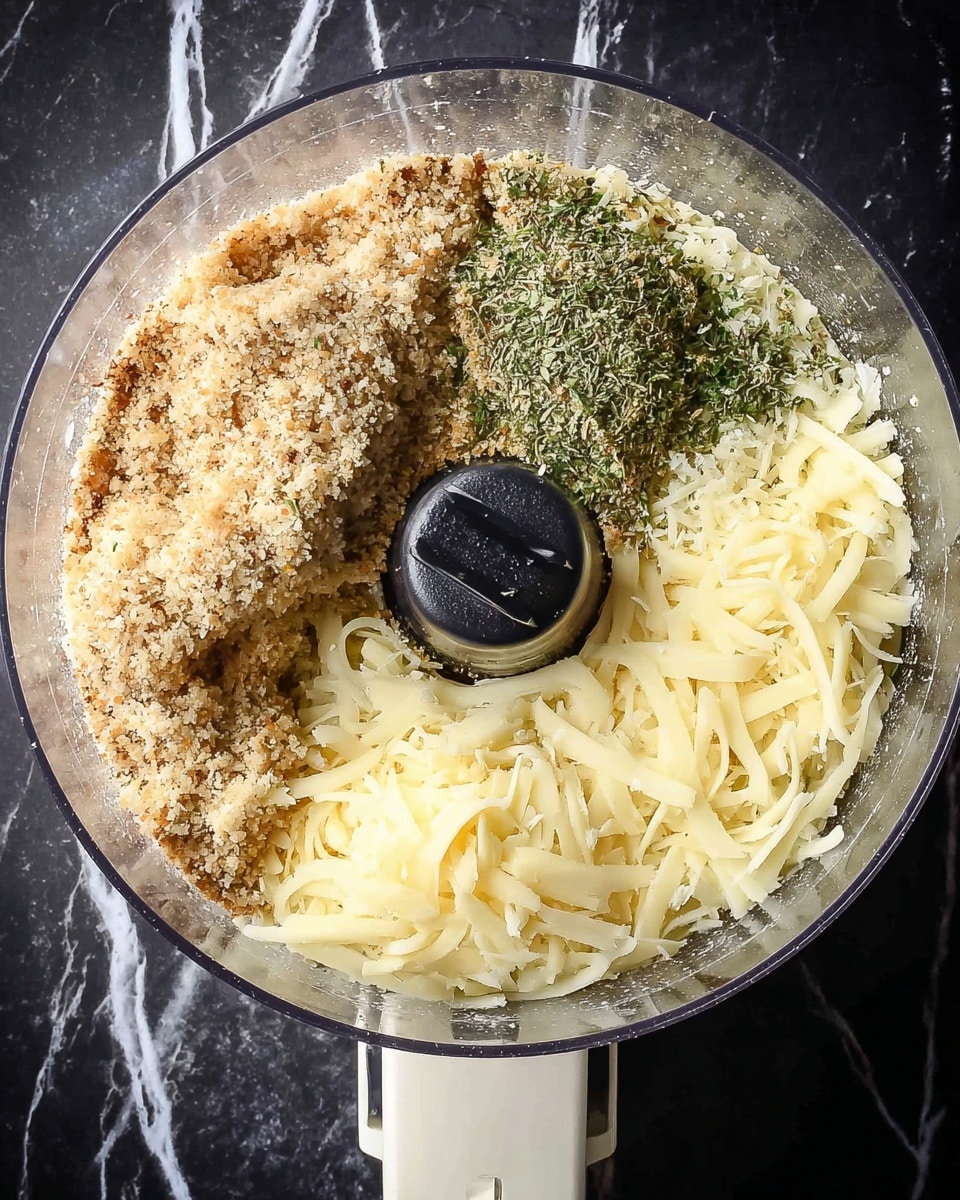 A clear round food processor bowl shows layers of ingredients placed separately inside it. On the left side, a large pile of light brown breadcrumbs with a rough texture sits next to a small amount of green herbs sprinkled under the breadcrumbs. To the right of the herbs, there are two piles of shredded pale yellow cheese with a soft and thin texture. At the center, a black blade holder is visible. The food processor has a white handle extending out, and the whole setup sits on a dark surface with a white marbled texture in the background. photo taken with an iphone --ar 4:5 --v 7