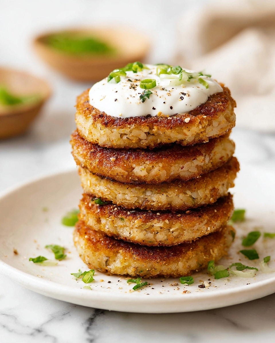 A stack of five golden-brown patties with a crispy texture sits in the center of a white plate. Each patty shows a rough, crumbly surface with a mix of light and darker brown shades, indicating a fried crust. On top of the stack, a dollop of white creamy sauce with a smooth texture is placed, sprinkled with small black pepper flakes and topped with chopped green herbs. Around the plate, small green herb pieces are scattered, adding color contrast. The background is a white marbled texture with blurred bowls containing herbs, enhancing the focus on the patties. photo taken with an iphone --ar 4:5 --v 7
