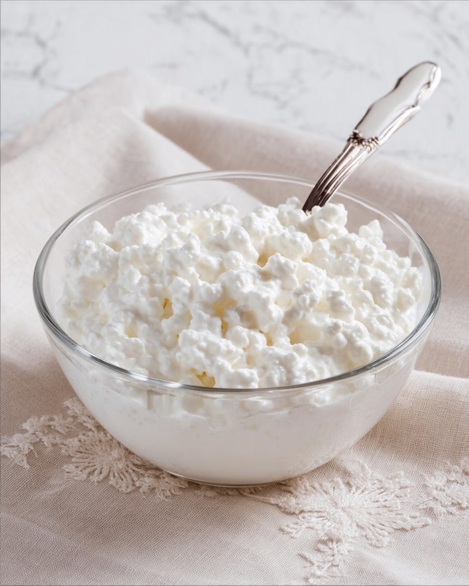 A clear glass bowl filled with white cottage cheese that has a soft, lumpy texture, sitting on a beige cloth with subtle embroidered patterns. Inside the bowl is a white-handled spoon partially submerged in the cottage cheese. The background and surface are a white marbled texture, giving a clean and bright look. photo taken with an iphone --ar 4:5 --v 7