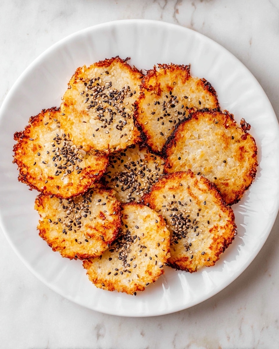 A white plate on a white marbled surface holds eight golden brown, slightly crispy round rice cakes arranged in an overlapping circular pattern. Each cake has crispy edges and a rough, textured surface dotted with black and white sesame seeds scattered on top. The cakes show a mix of light tan and deeper amber colors where they are toasted, giving them a warm, appetizing look. Photo taken with an iphone --ar 4:5 --v 7