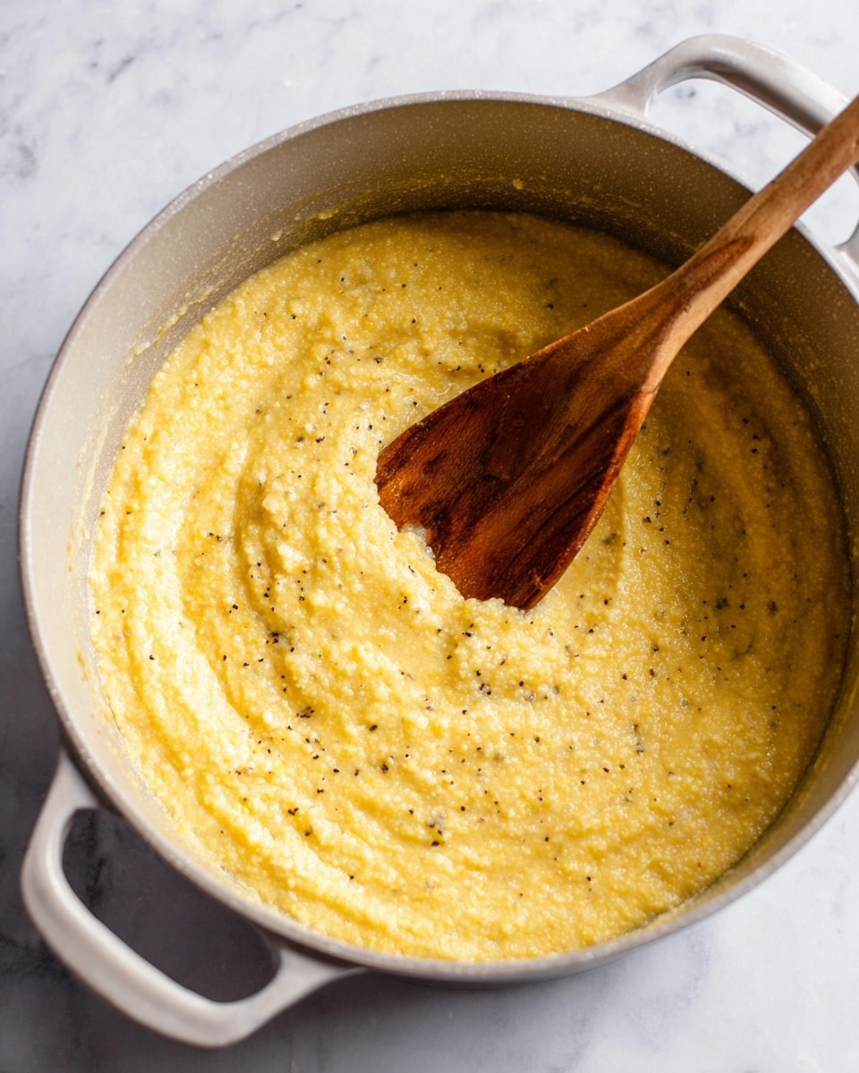 A close-up view of a light grey pot filled with thick, creamy yellow polenta that has a grainy texture with some small black pepper bits mixed in. A wooden spoon with a rich brown color is stirring the polenta, positioned in the upper right part of the pot. The pot handles are visible, and the pot sits on a white marbled surface. The lighting highlights the slight shine and texture of the polenta. photo taken with an iphone --ar 4:5 --v 7