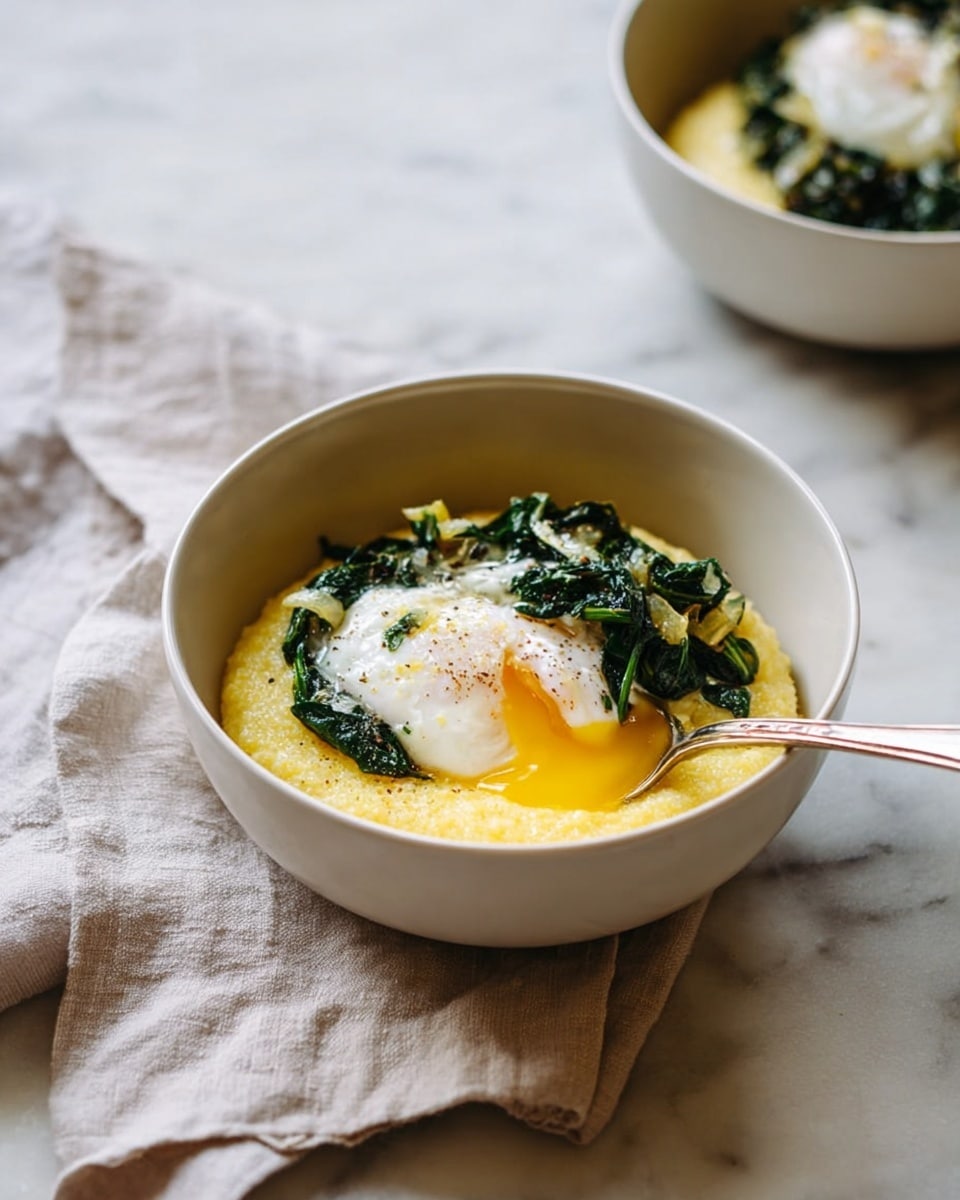 A white bowl with three layers: the bottom layer is smooth, yellow creamy polenta, topped with a layer of wilted dark green cooked spinach mixed with bits of onion, and the top layer is a soft white poached egg with a runny yellow yolk spilling over the side. A spoon is placed inside the bowl, touching the egg. The bowl is set on a white marbled textured surface with a light beige cloth partially underneath. In the background, there is a second similar white bowl with the same dish, out of focus. photo taken with an iphone --ar 4:5 --v 7