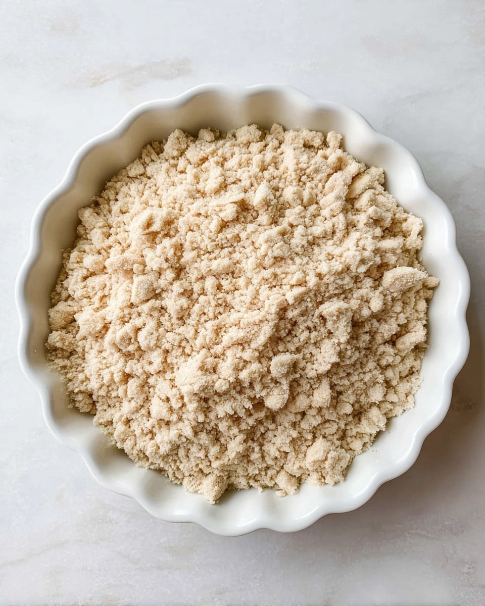 A white round dish with wavy edges holds a crumbly mixture that looks like raw dough or streusel topping. The mixture has a light beige color and a coarse texture with small and medium chunks spread evenly inside the dish. The dish is placed on a white marbled surface, creating a clean and bright background. photo taken with an iphone --ar 4:5 --v 7