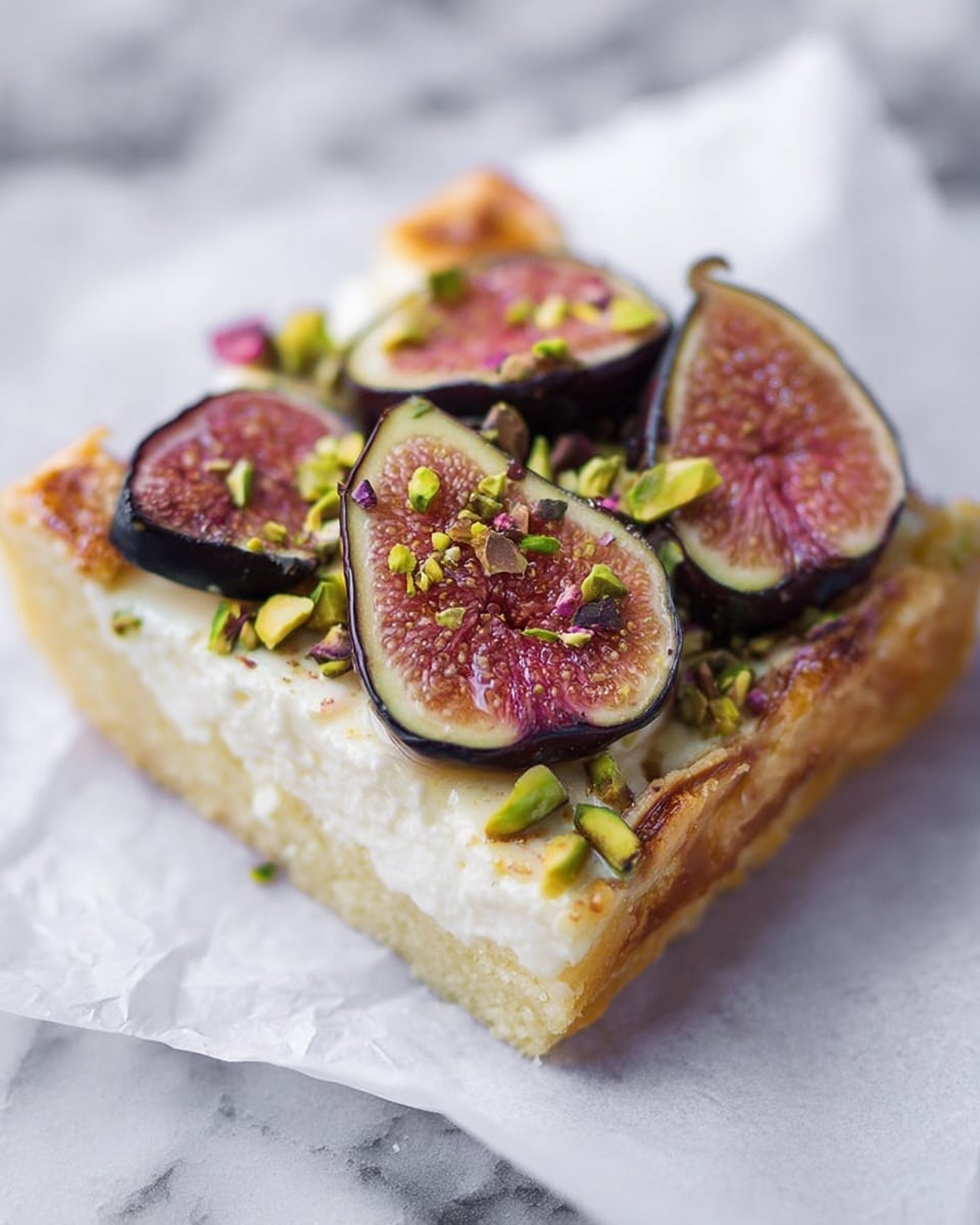 A square-shaped pastry with a golden-brown, slightly crispy crust forms the base layer, topped by a creamy white cheese layer with a smooth texture. On top, there are several fresh fig slices showing their pinkish-red interior and dark purple skin, sprinkled with small pieces of chopped green pistachios. The pastry sits on a piece of white paper, all placed on a white marbled surface. photo taken with an iphone --ar 4:5 --v 7