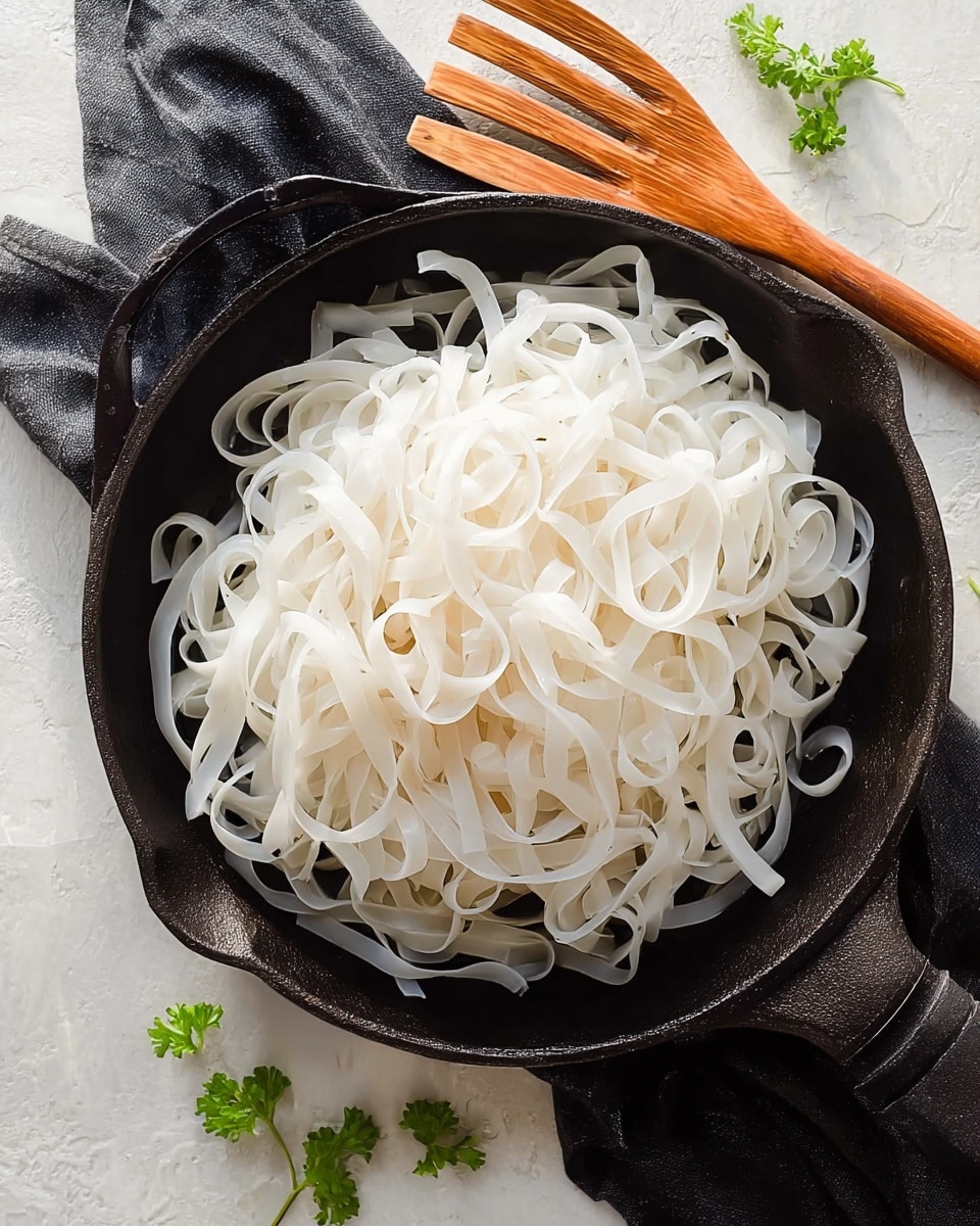The image shows a black cast iron pan filled with a pile of white, flat rice noodles that have a smooth and slightly glossy texture. The noodles are layered loosely, creating a tangled and airy look in the pan's center. The pan rests on a dark cloth that contrasts with the white marbled background. A wooden spoon with a broad, forked head lies above the pan, and small green parsley leaves are scattered around on the surface, adding a touch of color. The overall setting looks clean and simple, focusing on the noodles in the dark pan. photo taken with an iphone --ar 4:5 --v 7