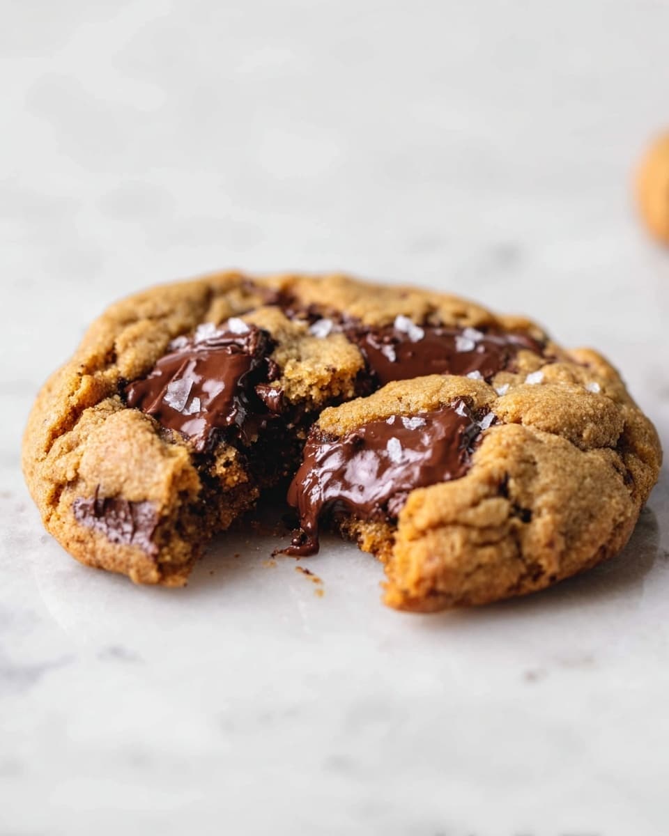 A soft, thick cookie with a golden brown color sits on a white marbled surface. The cookie is broken in the middle revealing melted dark chocolate chunks inside, which are melting out smoothly, showing a rich and shiny texture. The surface of the cookie is slightly rough with small cracks and bits of chocolate visibly melted in. Small flakes of salt are scattered lightly on top, adding a delicate texture contrast. photo taken with an iphone --ar 4:5 --v 7