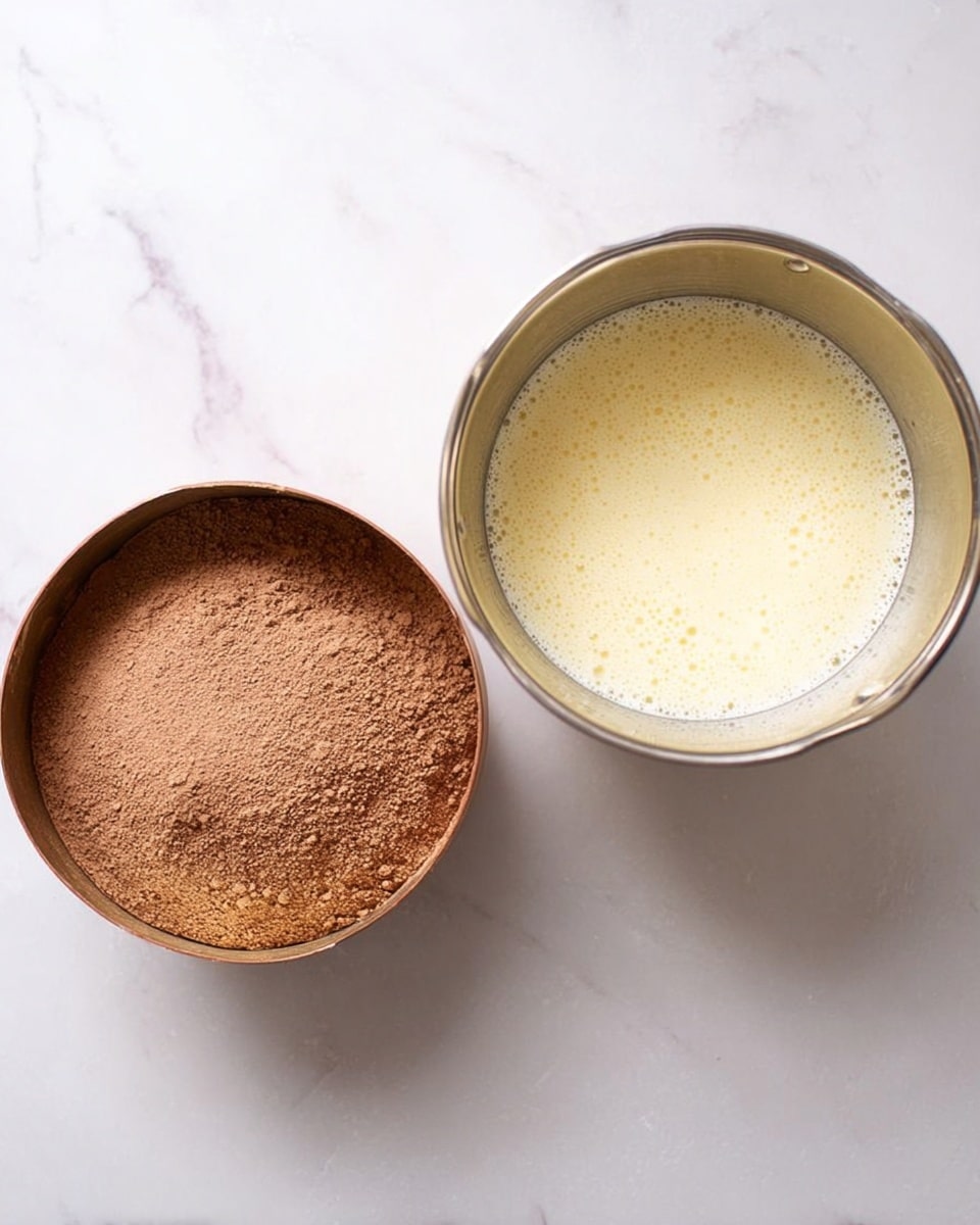 Two metal bowls are shown on a white marbled surface, side by side. The bowl on the left contains a layer of dry, light brown cocoa powder mix with a fine, powdery texture. The bowl on the right holds a frothy layer of pale yellow beaten egg whites with small bubbles visible on the surface. Photo taken with an iphone --ar 4:5 --v 7