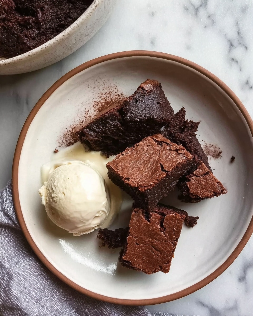 A white plate with a brown rim holds a serving of rich chocolate cake broken into four irregular pieces, showing a soft, moist, dark brown texture with a slightly cracked surface. To the left of the cake pieces is a scoop of creamy pale yellow vanilla ice cream with a smooth texture. The plate sits on a white marbled surface with a soft gray cloth nearby, and a part of a bowl with more chocolate cake is visible in the top left corner. photo taken with an iphone --ar 4:5 --v 7