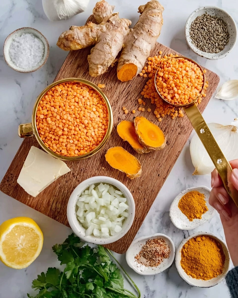 The image shows a wooden board placed on a white marbled surface, filled with colorful ingredients. There is a golden measuring cup filled with bright orange lentils near the top left, next to some whole turmeric root and slices of fresh turmeric root with a vibrant yellow-orange inside. Below that are chopped white onions in a small white bowl beside a peeled whole onion and a wedge of white cheese. Around the board, there are various small white dishes holding yellow turmeric powder, light brown ground spice, salt, and pepper. A halved lemon is at the bottom left, along with green cilantro sprigs at the bottom right. A woman's hand is holding a golden spoon filled with red lentils above a small pile of lentils near the top right. Photo taken with an iphone --ar 4:5 --v 7