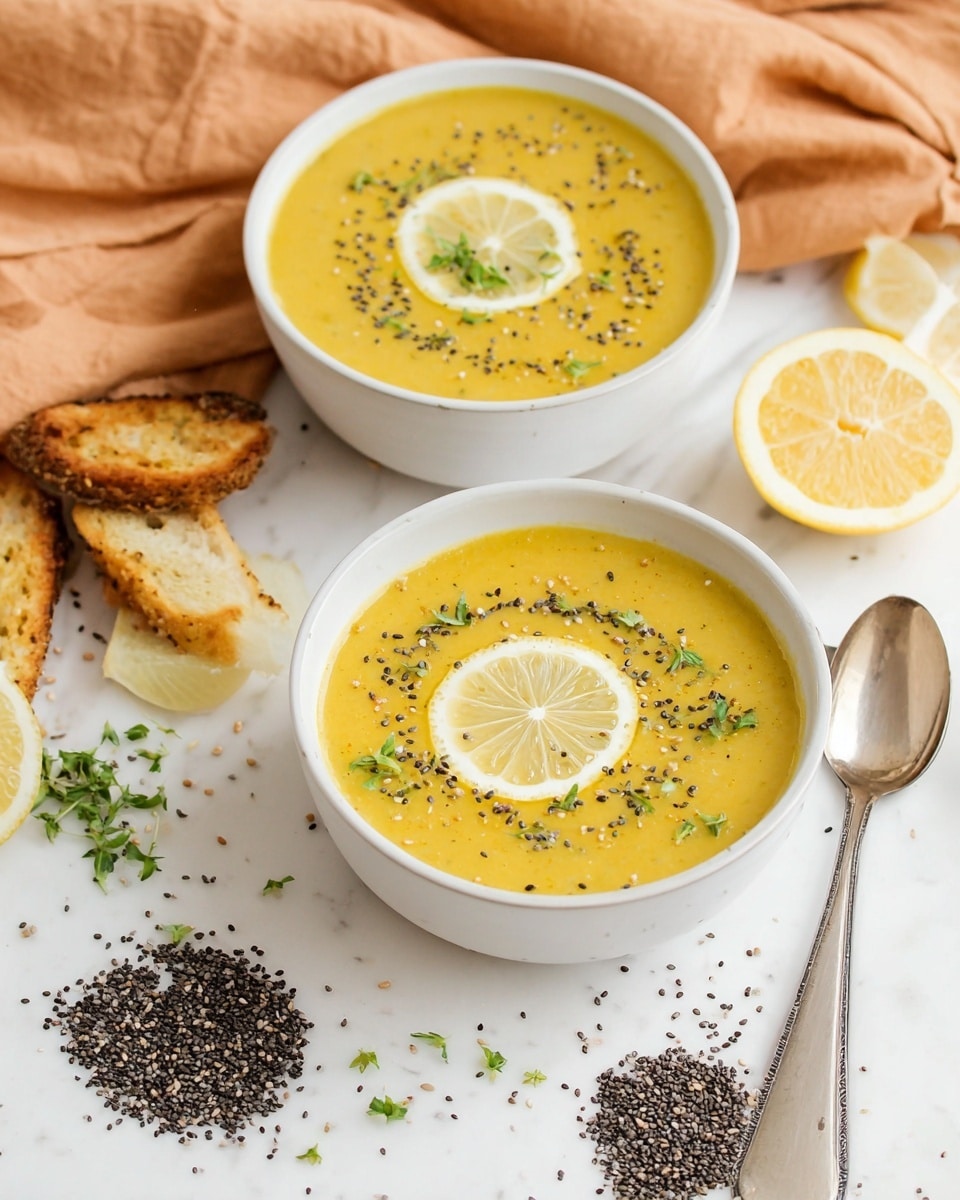 Two white bowls filled with thick yellow soup are placed on a white marbled surface. Each bowl holds a single lemon slice near the top center of the soup, surrounded by small green herbs and black sesame seeds scattered on the surface. The soup has a smooth, slightly textured look. Around the bowls are scattered black sesame seeds, cumin seeds, and lemon slices, along with toasted bread pieces on the left and a silver spoon beside the front bowl. A soft, orange cloth is draped in the background. The scene is bright and clean with a fresh, natural feel photo taken with an iphone --ar 4:5 --v 7