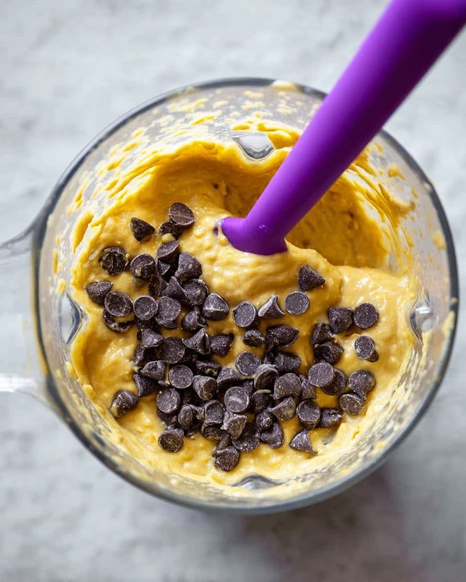 Inside a clear blender container, there is a thick yellow batter with a smooth texture at the bottom, topped with many small dark brown chocolate chips. A purple spatula stirs the mixture from the right side, with some batter sticking to it. The clear container sits on a white marbled surface. photo taken with an iphone --ar 4:5 --v 7