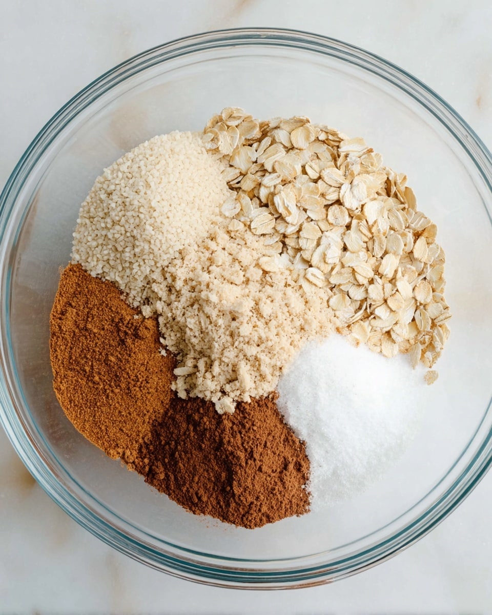 A clear glass bowl sits on a white marbled surface, holding five separate layers of ingredients arranged side by side. One layer is a pile of small beige granules, next to it is a light tan collection of rolled oats with a rough texture. Below the oats is a smooth layer of fine cinnamon powder in a rich brown color. Adjacent to this is a patch of white powder, and beside it is a smaller amount of white granulated substance. The layers contrast softly, each ingredient clear and distinct inside the bowl. Photo taken with an iphone --ar 4:5 --v 7