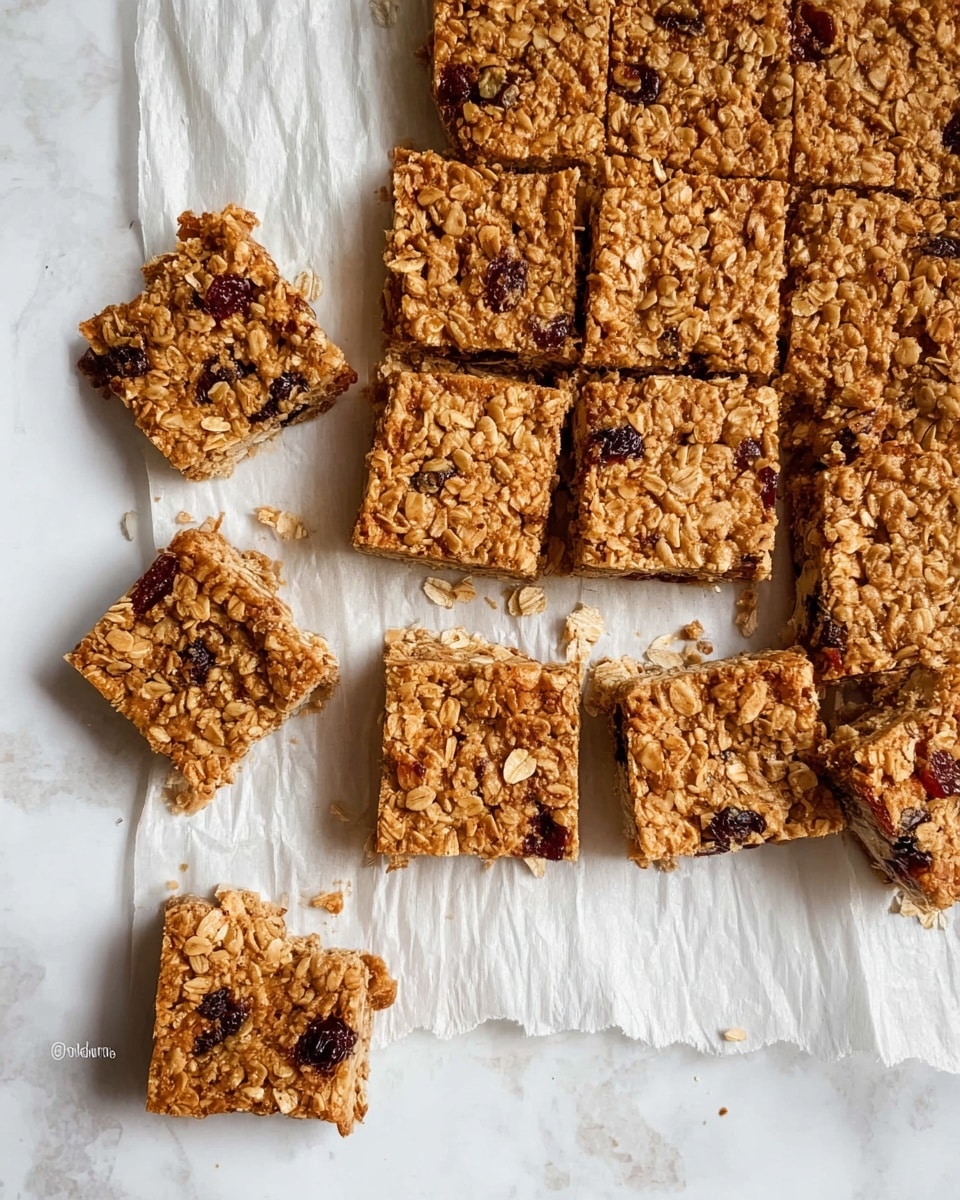 The image shows a tray of golden brown oat bars with a rough texture, cut into small square pieces. The bars are placed on white baking paper with some crumbs scattered around. The oat bars have visible oats and some dark spots, likely dried fruits, spread unevenly throughout. Several oat bars are separated from the main block, placed haphazardly around it on the white marbled surface. The overall look is rustic and homemade, with a warm, toasted color on top photo taken with an iphone --ar 4:5 --v 7