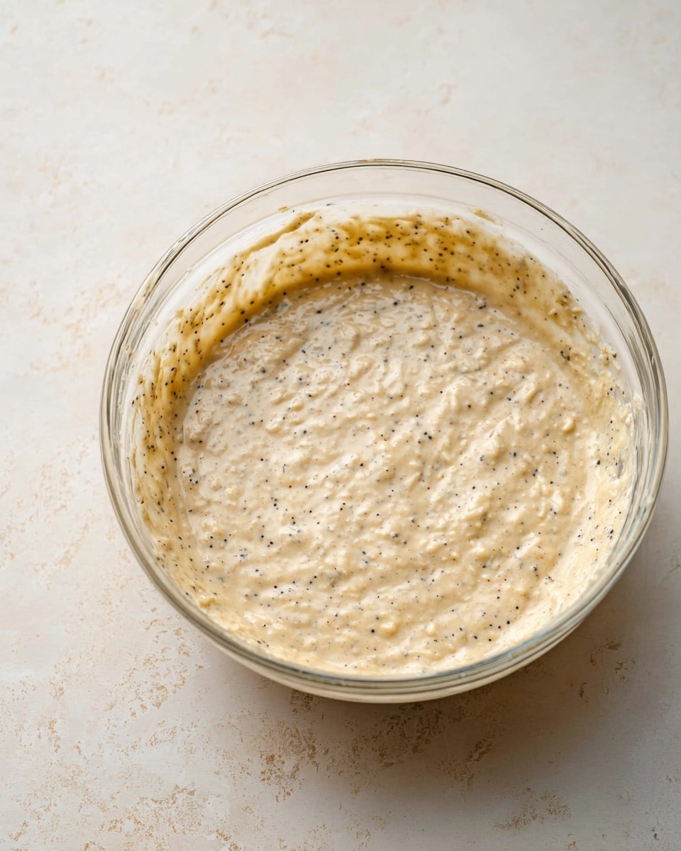 A clear glass bowl sits on a white marbled surface, filled with a thick, pale beige batter that has a slightly lumpy texture. The batter is speckled with many small black dots scattered evenly throughout. The rim of the bowl has a few drops of batter stuck to it, showing a creamy consistency. The overall look is simple and natural, focusing on the smooth batter inside the transparent bowl photo taken with an iphone --ar 4:5 --v 7