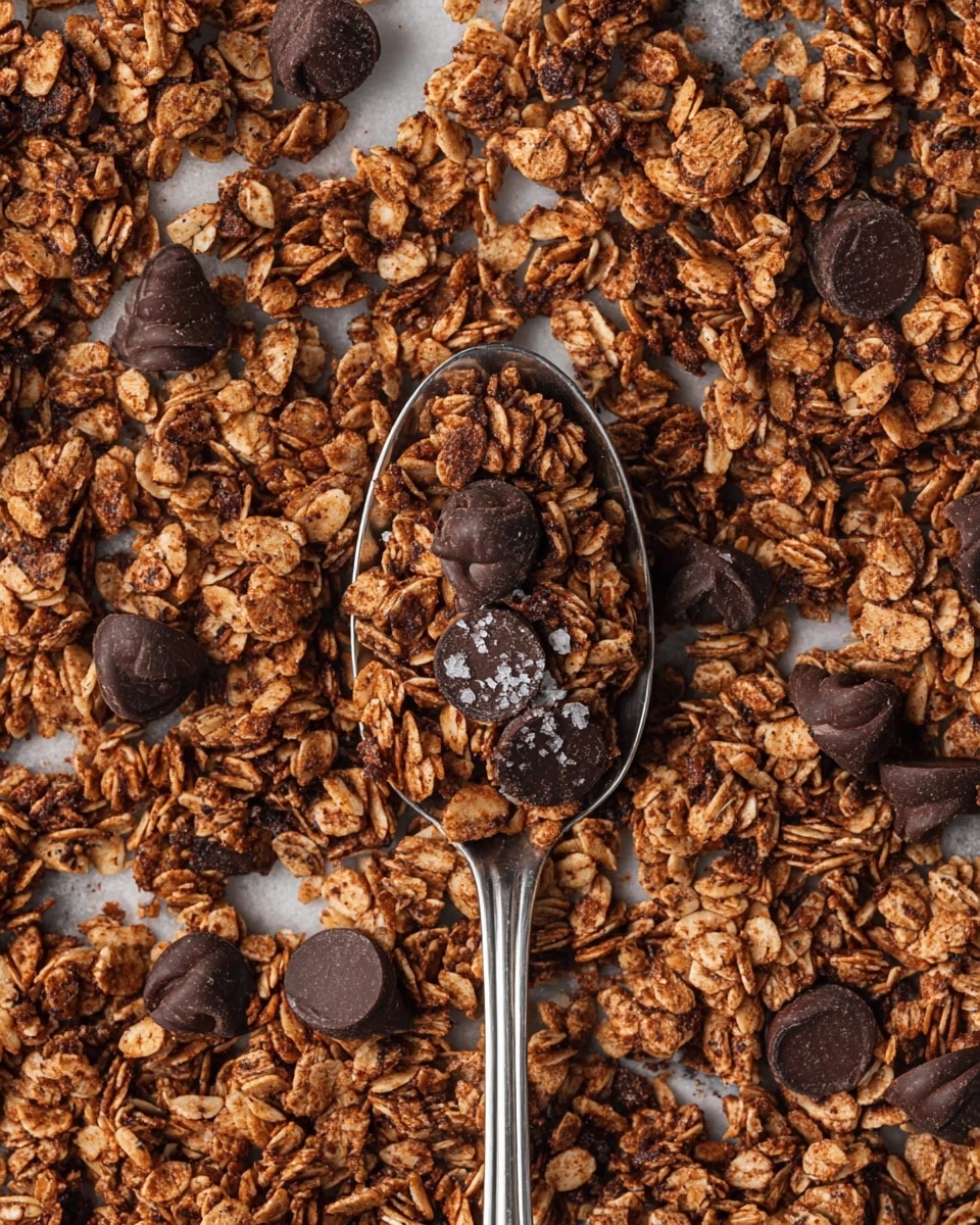 A close-up view of crunchy chocolate granola with visible oats mixed with large dark chocolate chips scattered throughout. The granola is golden brown with a textured, crispy look, and some chocolate chips have a sprinkle of coarse sea salt on top. In the center, a metal spoon is filled with the same granola mix, standing out against the spread of granola beneath it on a white marbled surface. The image captures the rich textures and contrasts between the granola’s rough oats and smooth chocolate, creating a tempting and wholesome look photo taken with an iphone --ar 4:5 --v 7