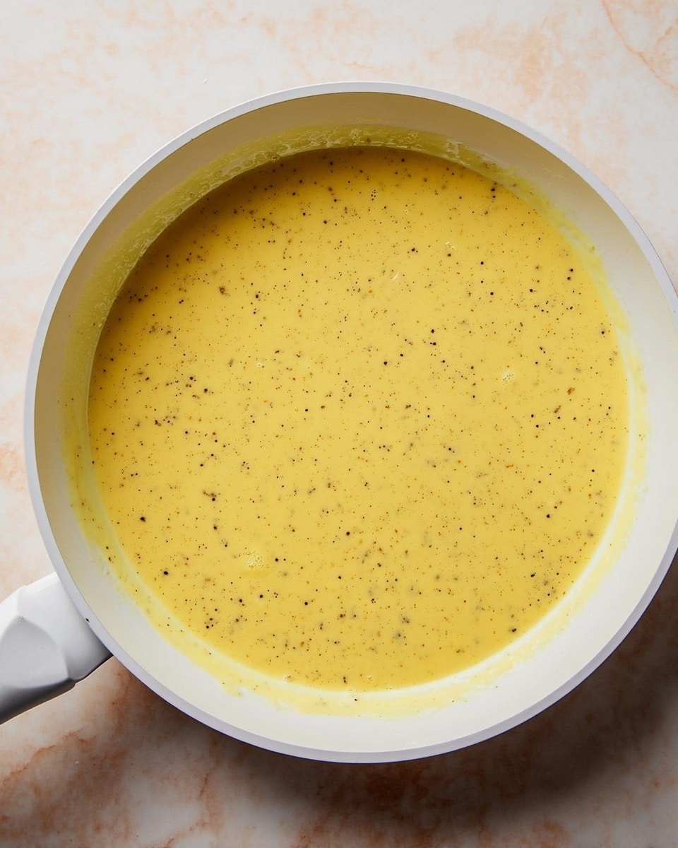 This image shows one layer of yellow batter with small black and brown specks mixed inside, filling a white pan almost to the edges. The batter has a smooth, liquid texture, evenly spread across the pan's surface. The pan handle is visible on the left side, and the background is a white marbled texture. photo taken with an iphone --ar 4:5 --v 7