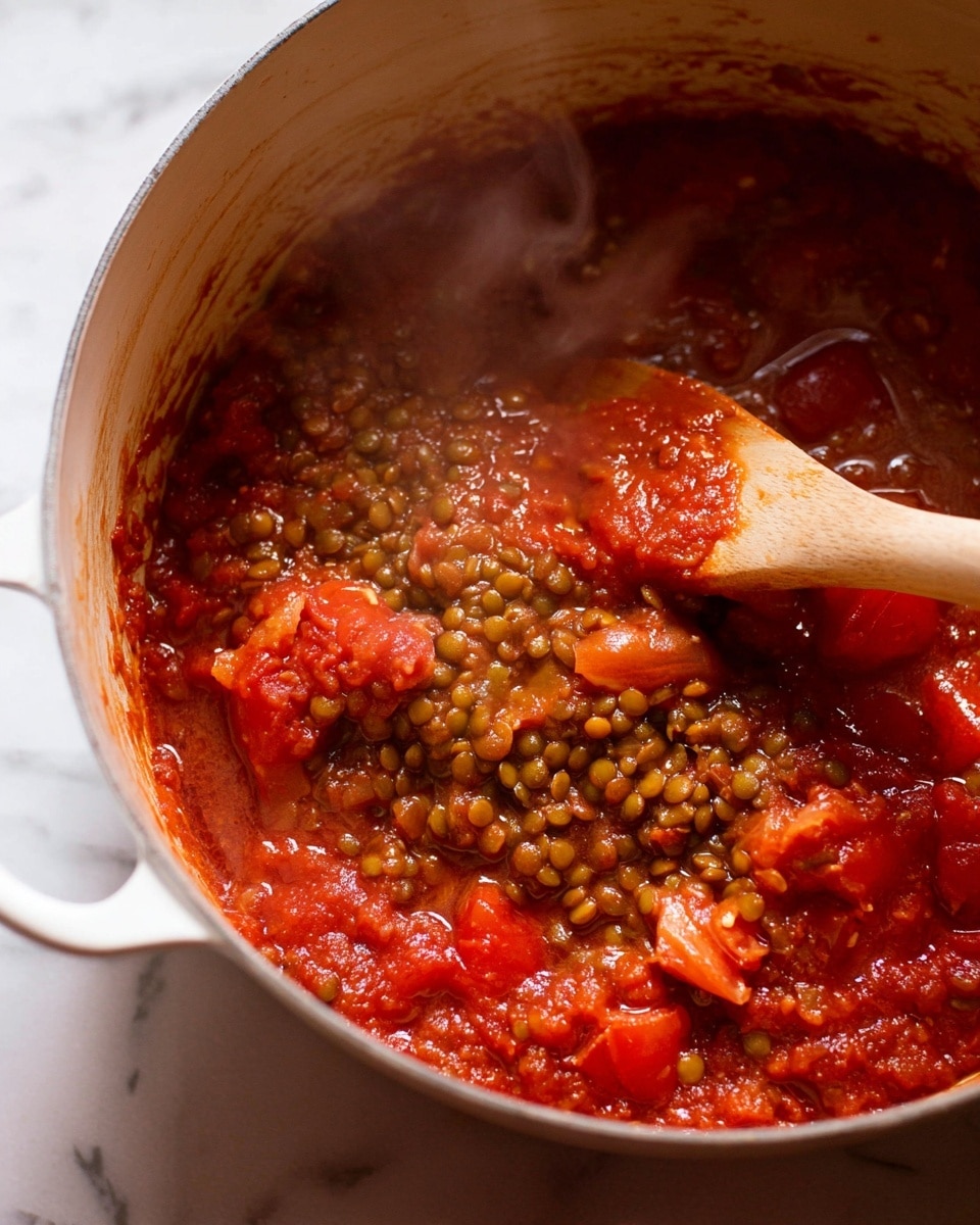 A close-up view inside a white pot shows a thick stew with three main layers: at the bottom, a rich red tomato sauce with a slightly chunky texture; in the middle, a lot of small green lentils mixed well in the sauce; and on top, large pieces of tomato adding a bright red color. A wooden spoon stirs the mixture from the right side, partially covered by the stew. The pot sits on a surface with a white marbled texture, and steam rises gently from the hot stew. Photo taken with an iphone --ar 4:5 --v 7
