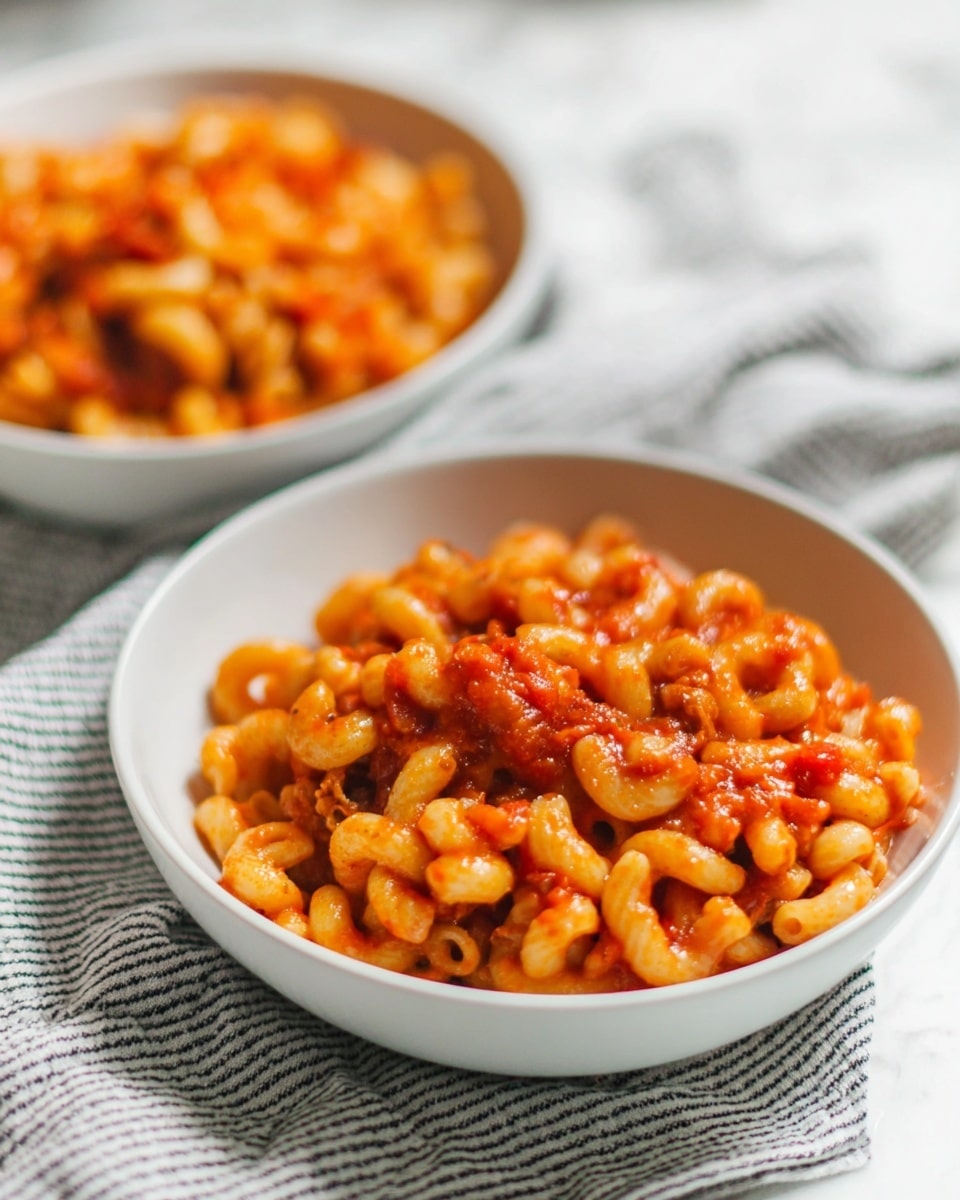 Two white bowls filled with curly macaroni pasta mixed with thick red-orange tomato sauce sit on a white marbled surface. The pasta is evenly coated in the sauce, which has a smooth texture with small tomato pieces and herbs visible. Both bowls are placed on a cloth with thin black stripes, adding a soft, casual background. The front bowl is closer and sharply in focus, showing the glossy shine of the sauce on the pasta, while the second bowl is behind and blurred. photo taken with an iphone --ar 4:5 --v 7