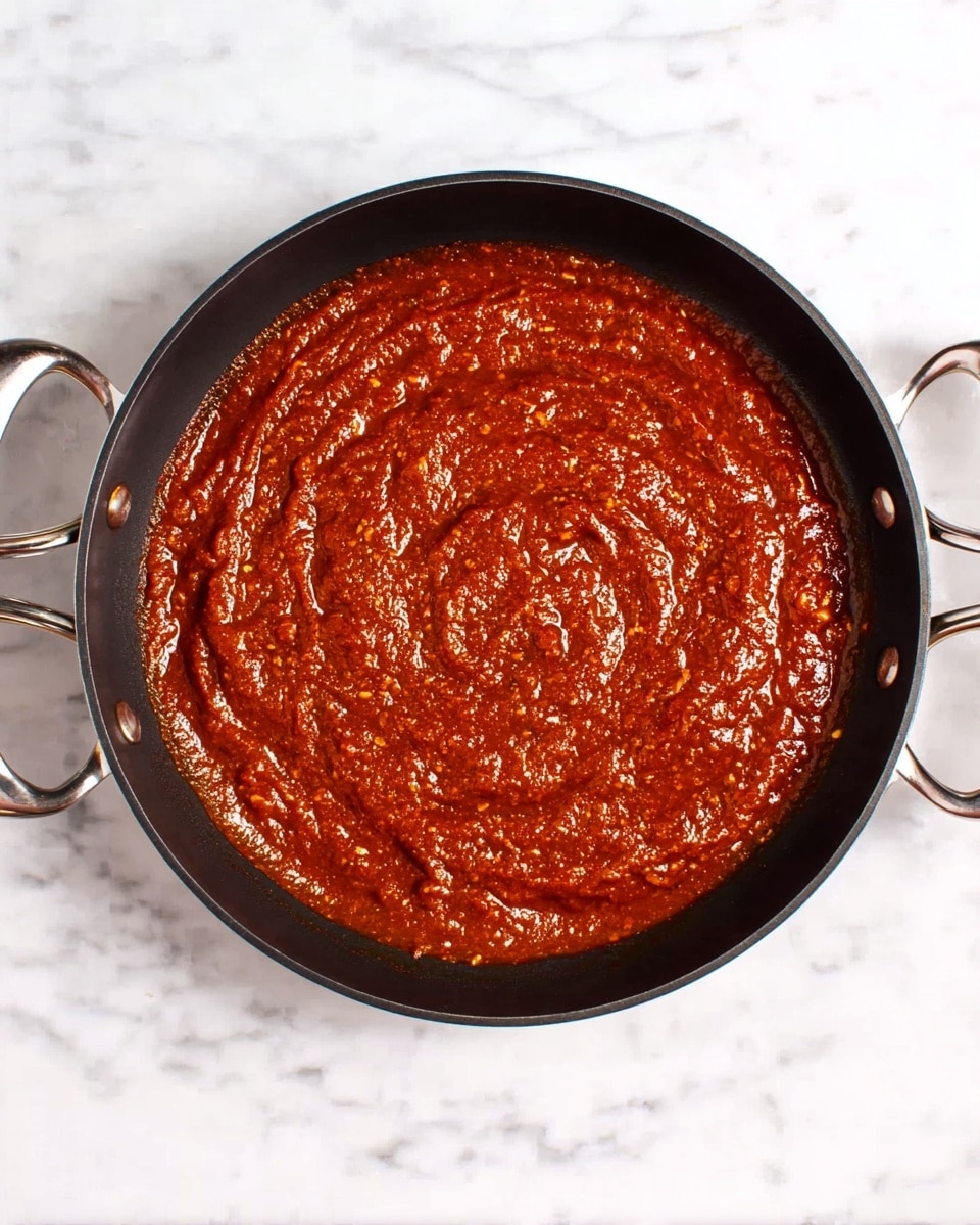 A black pan filled with a thick, reddish-brown sauce spread evenly across the bottom, showing a slightly chunky and textured surface with visible swirls and small ridges, placed on a white marbled texture background. The pan has two shiny silver handles on each side with reflections, and the sauce appears rich and dense with a glossy finish. Photo taken with an iphone --ar 4:5 --v 7