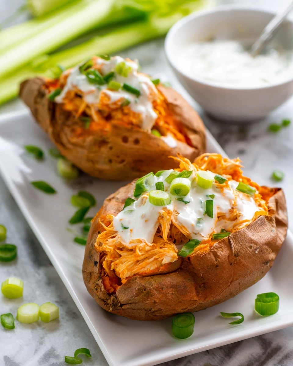 Slow Cooker Buffalo Chicken Sweet Potatoes Recipe 5 Two baked sweet potatoes with wrinkled orange-brown skins sit on a white rectangular plate on a white marbled surface. Each sweet potato is opened on top, filled with shredded chicken coated in a bright orange sauce. A dollop of white creamy sauce covers part of the chicken, sprinkled with small green chopped scallions. A few scattered scallions are also on the plate near the potatoes. In the background, a white bowl filled with more white sauce has a spoon inside, and a piece of celery stalk rests nearby. Photo taken with an iphone --ar 4:5 --v 7